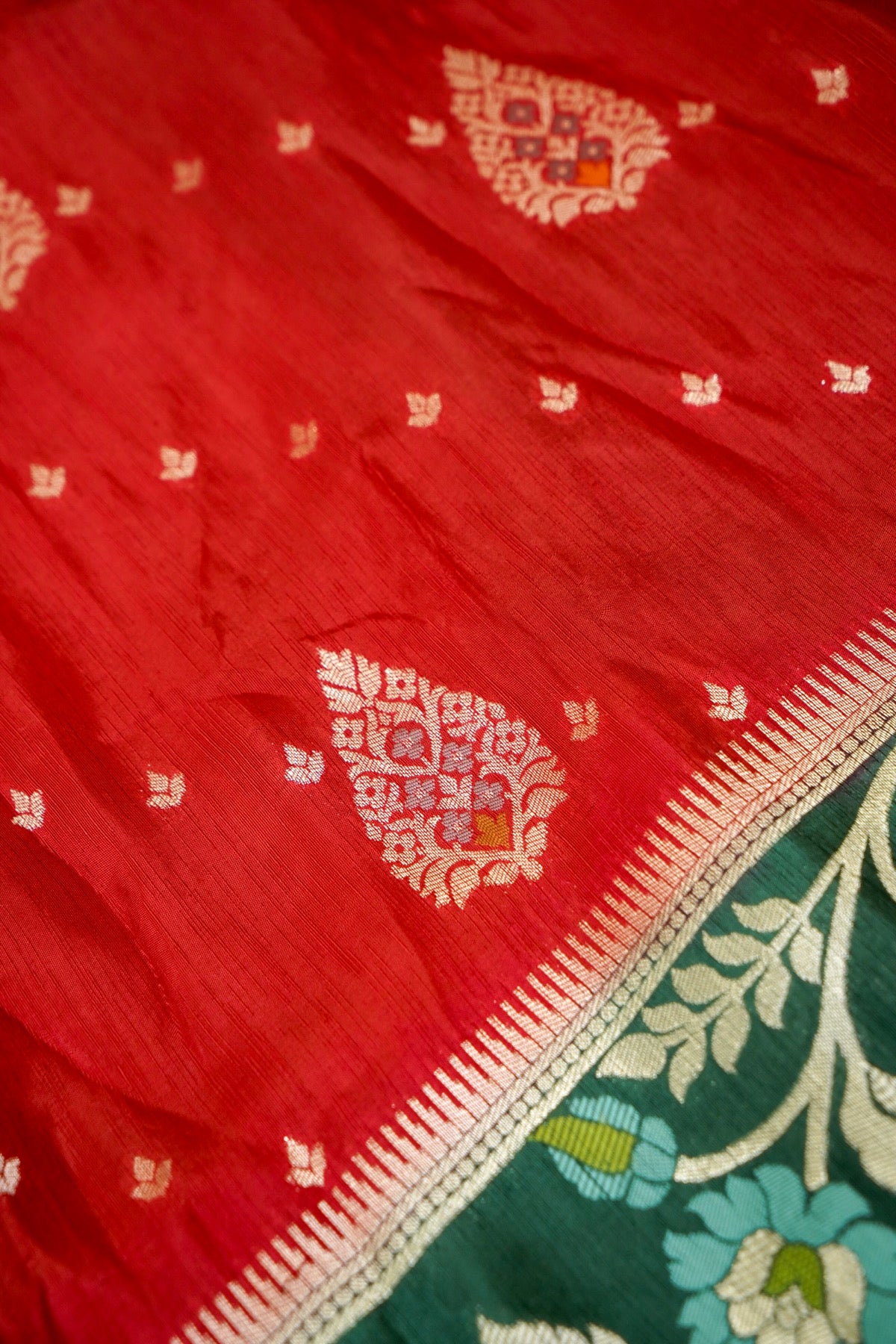 Classic Red Raw Silk Saree with Floral Deep Teal Border