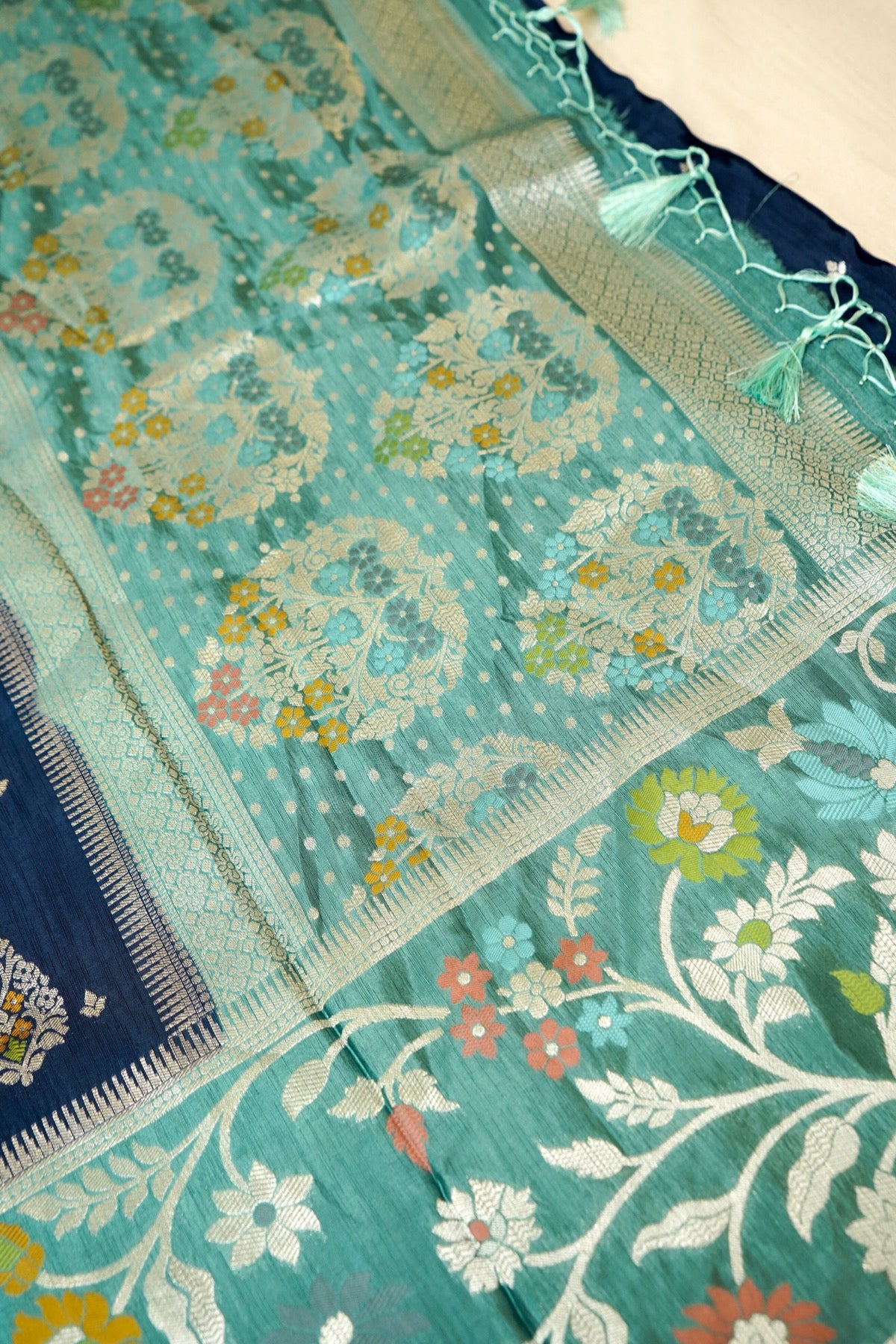 Navy Blue Raw Silk Saree with Floral Teal Green Border
