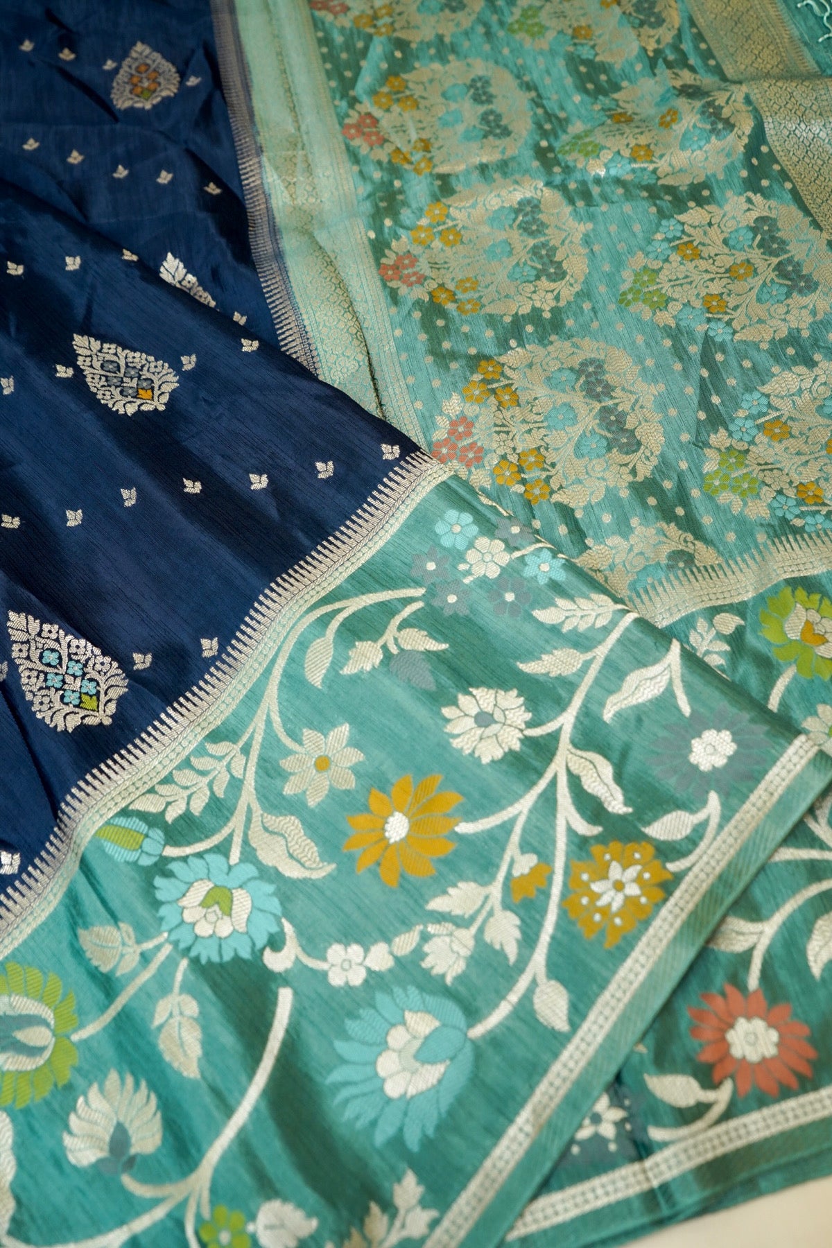 Navy Blue Raw Silk Saree with Floral Teal Green Border