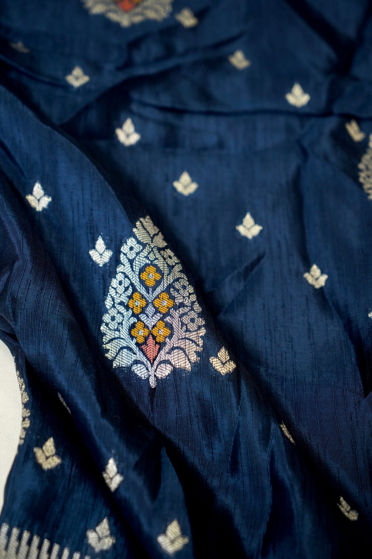 Navy Blue Raw Silk Saree with Floral Teal Green Border