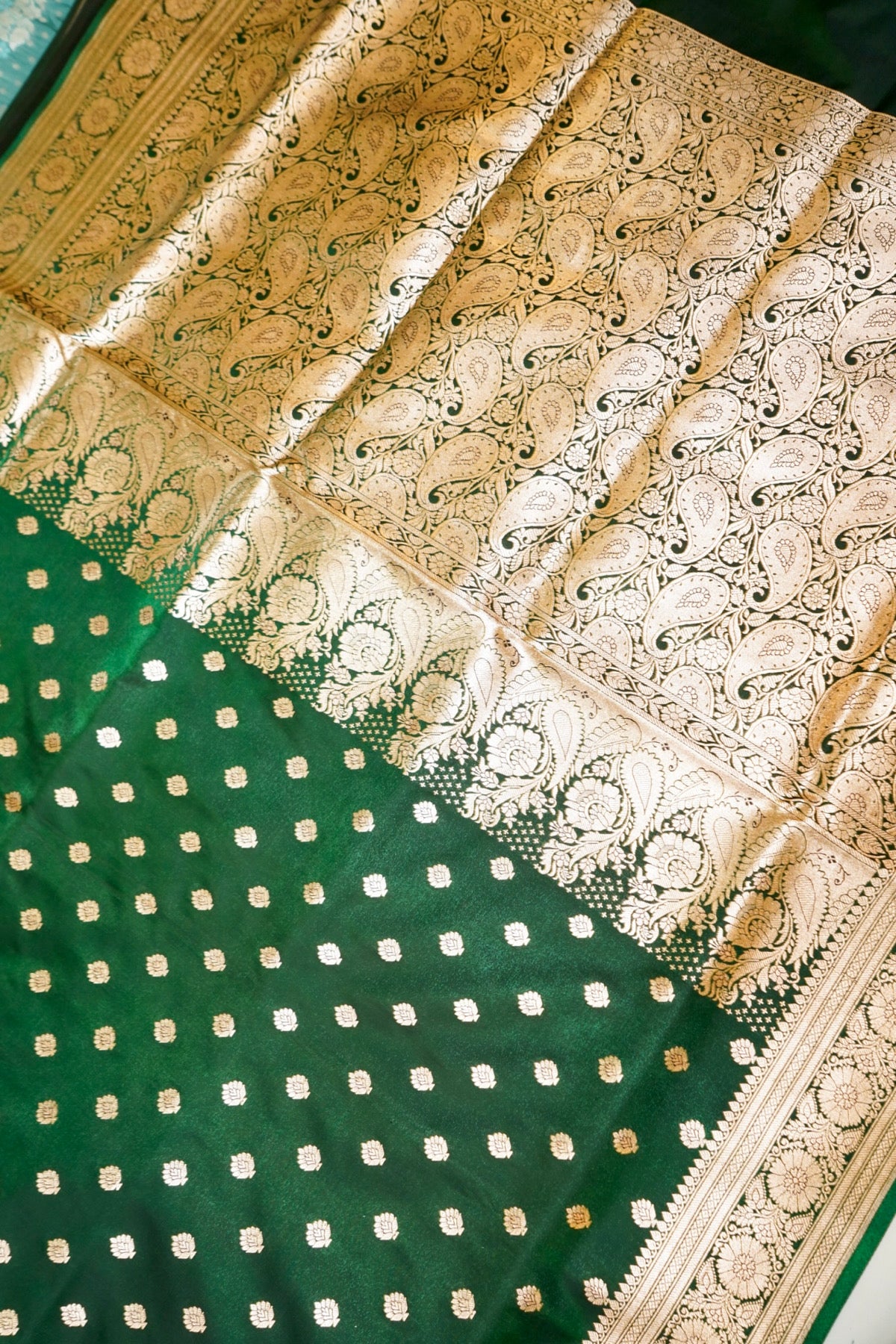 Royal Bottle Green Banarasi Silk Saree with Golden Zari Weave