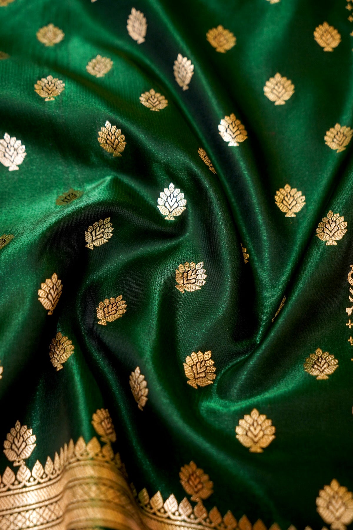 Royal Bottle Green Banarasi Silk Saree with Golden Zari Weave
