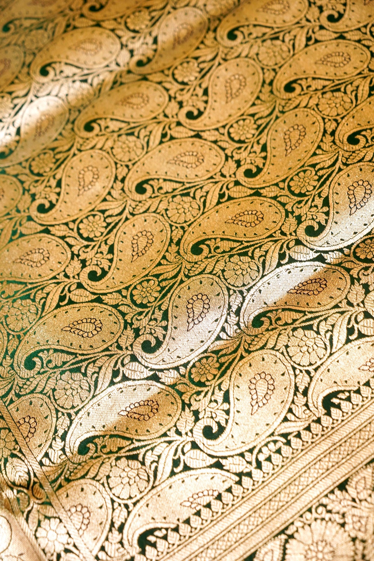 Royal Bottle Green Banarasi Silk Saree with Golden Zari Weave