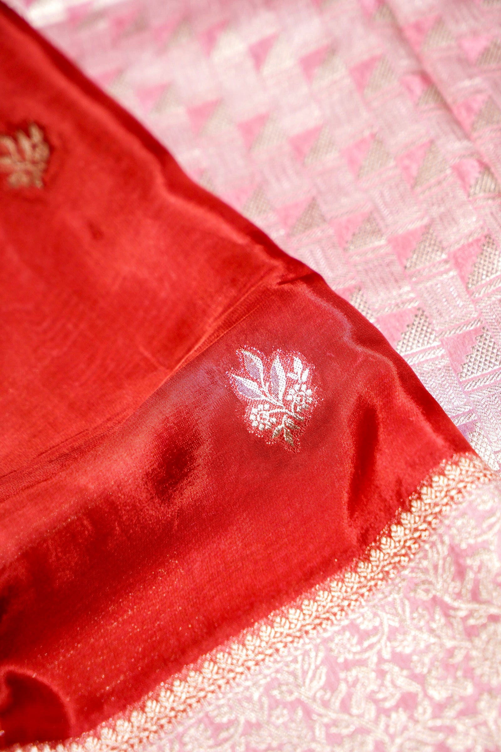 Coral Red Dola Silk Saree with Baby Pink and Champagne Zari Border