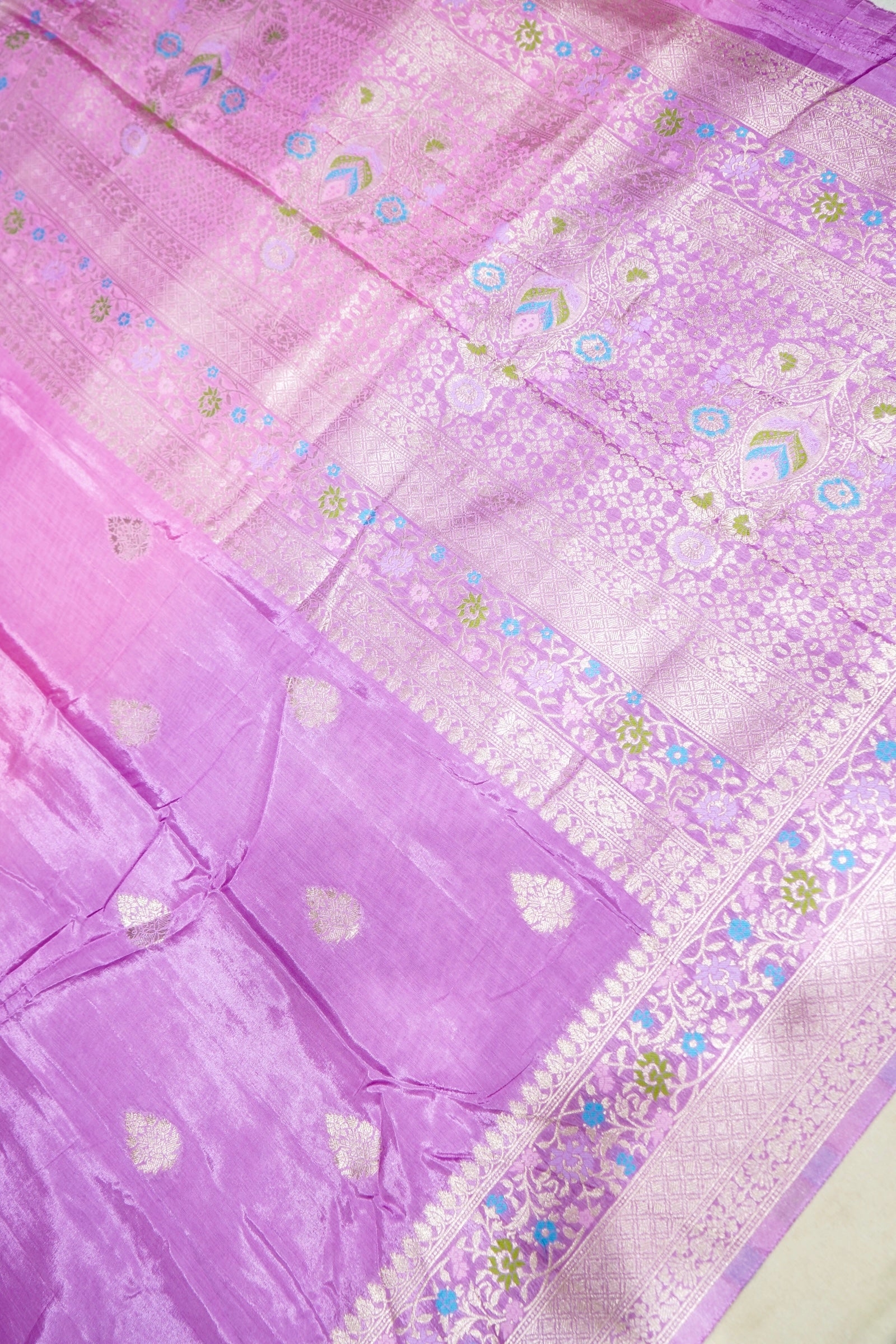 Blush Pink Dola Silk Saree with Lavendar and Gold Zari Border