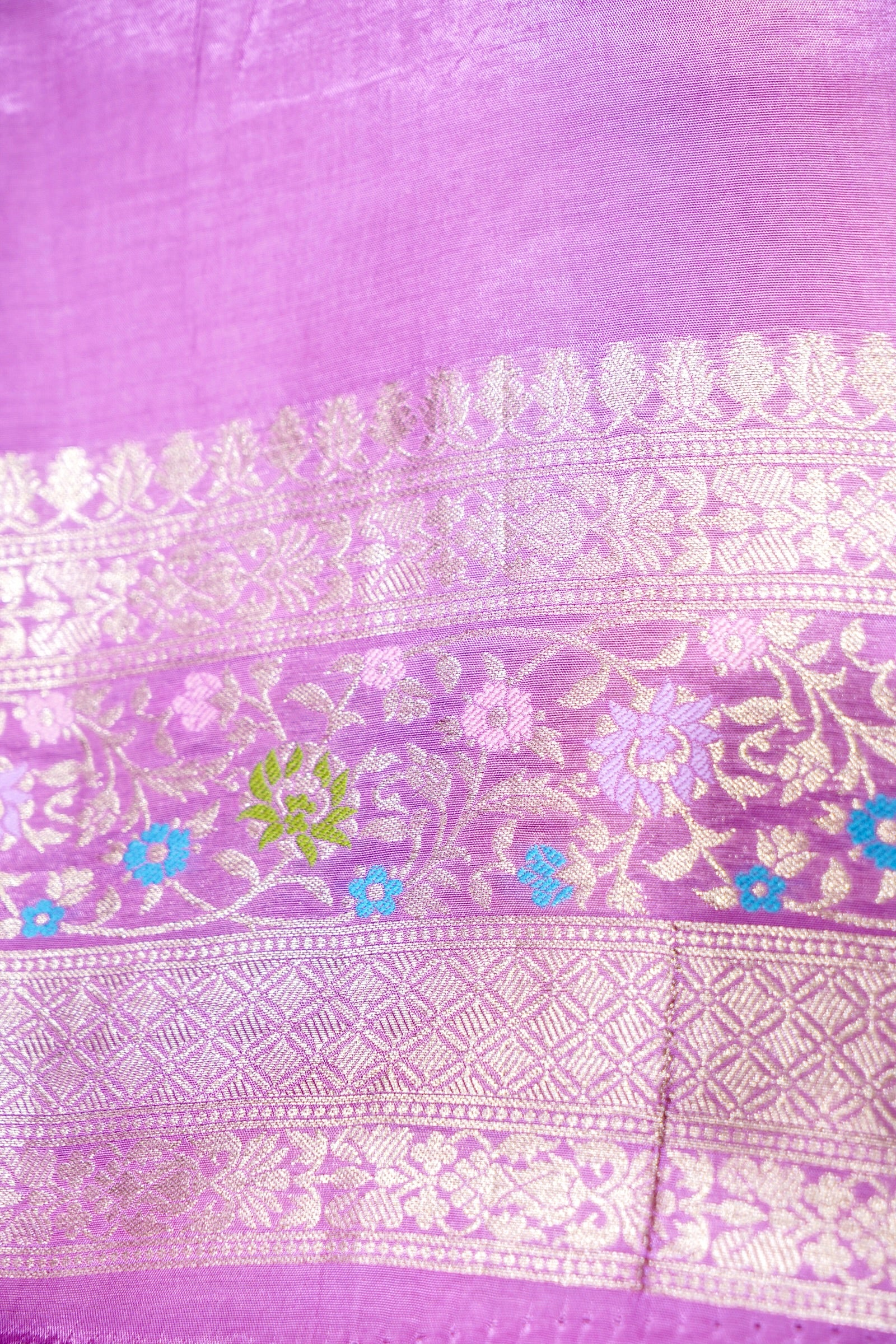 Blush Pink Dola Silk Saree with Lavendar and Gold Zari Border