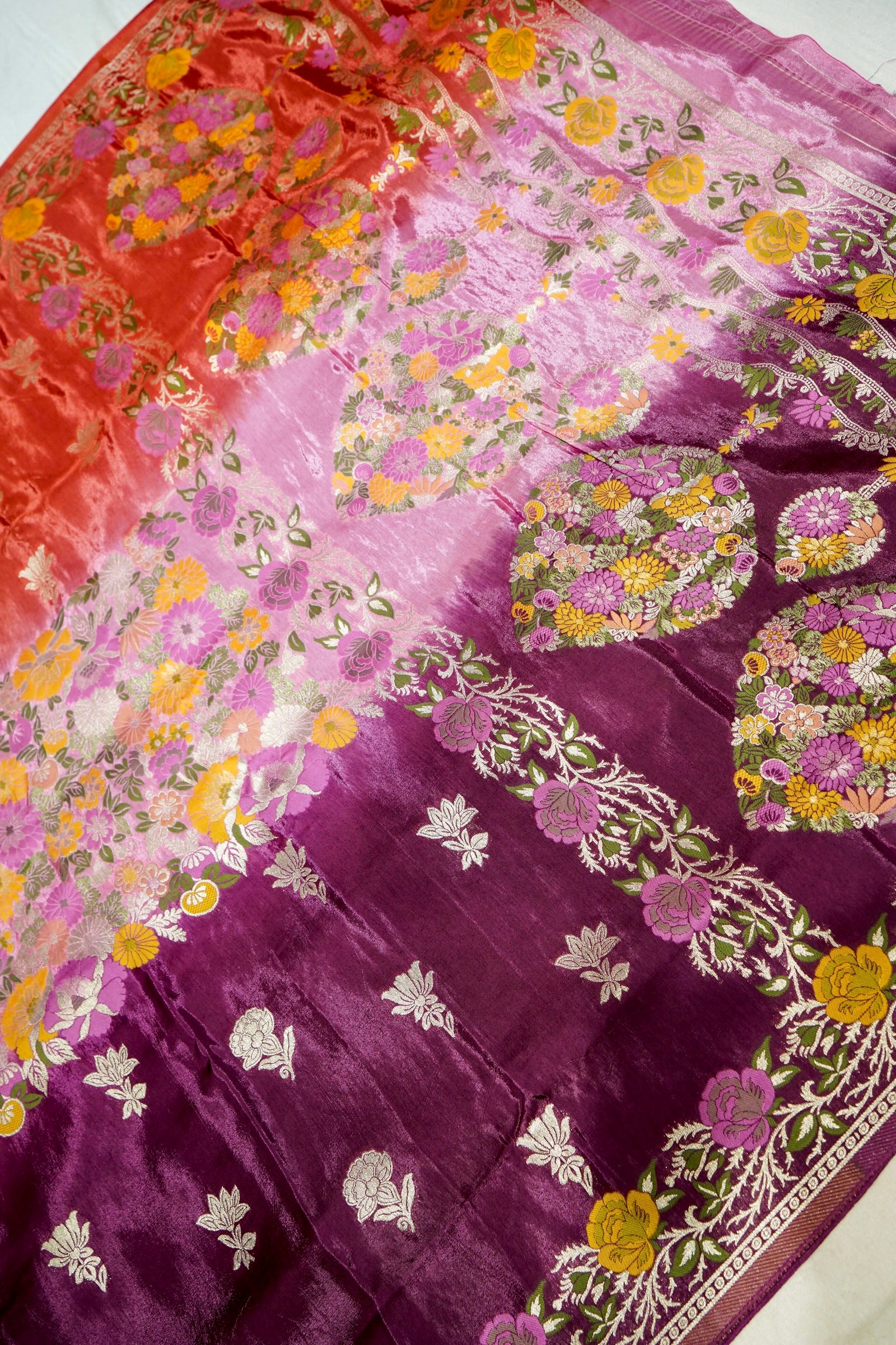 Wine Purple Dola Banarasi Silk Saree with Multicolor Floral Weaving