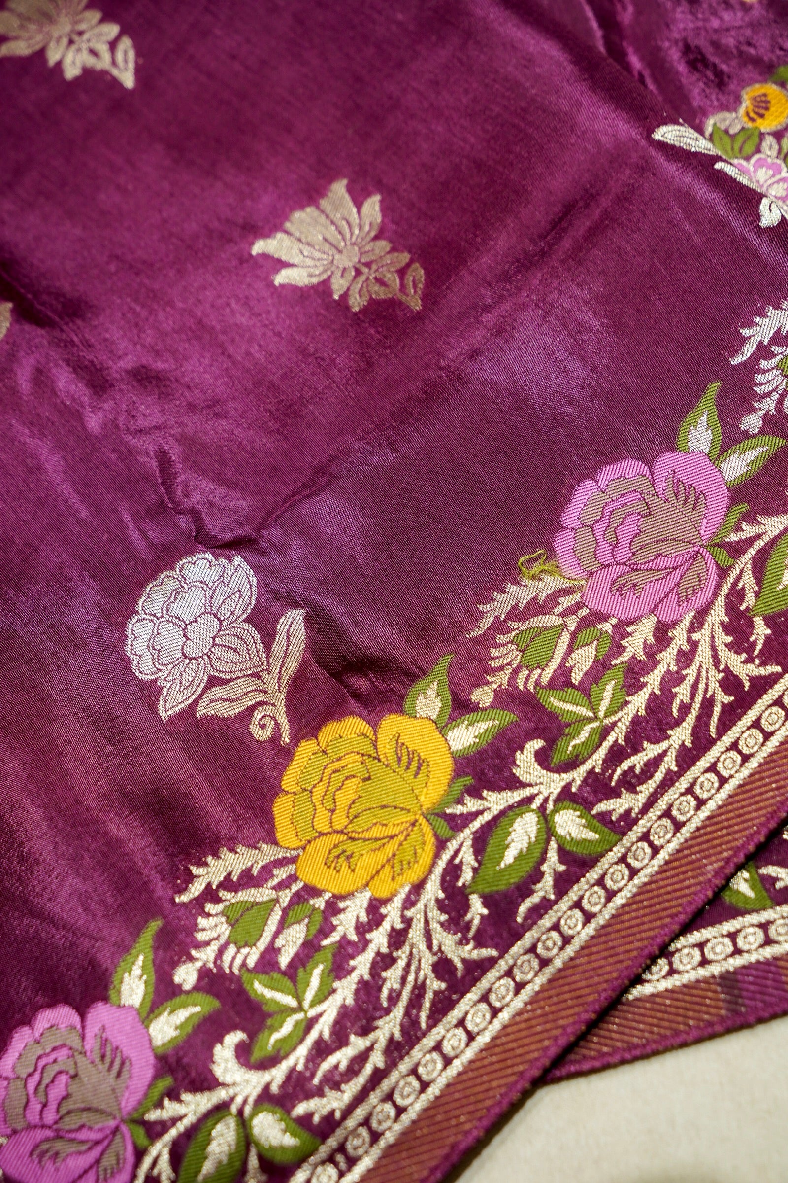 Wine Purple Dola Banarasi Silk Saree with Multicolor Floral Weaving