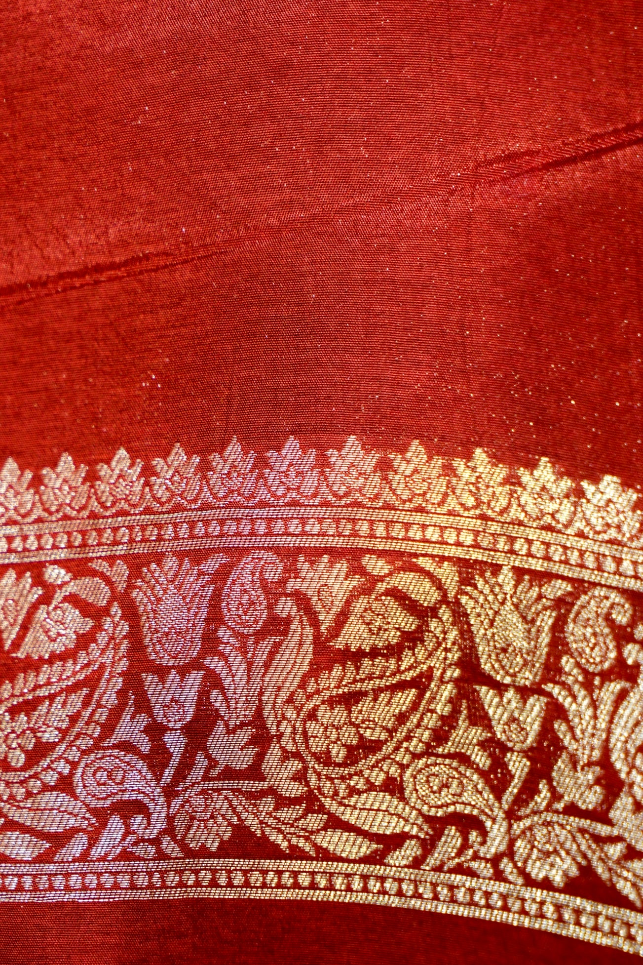 Crimson Red Mashru Silk Saree with Gold Zari Border