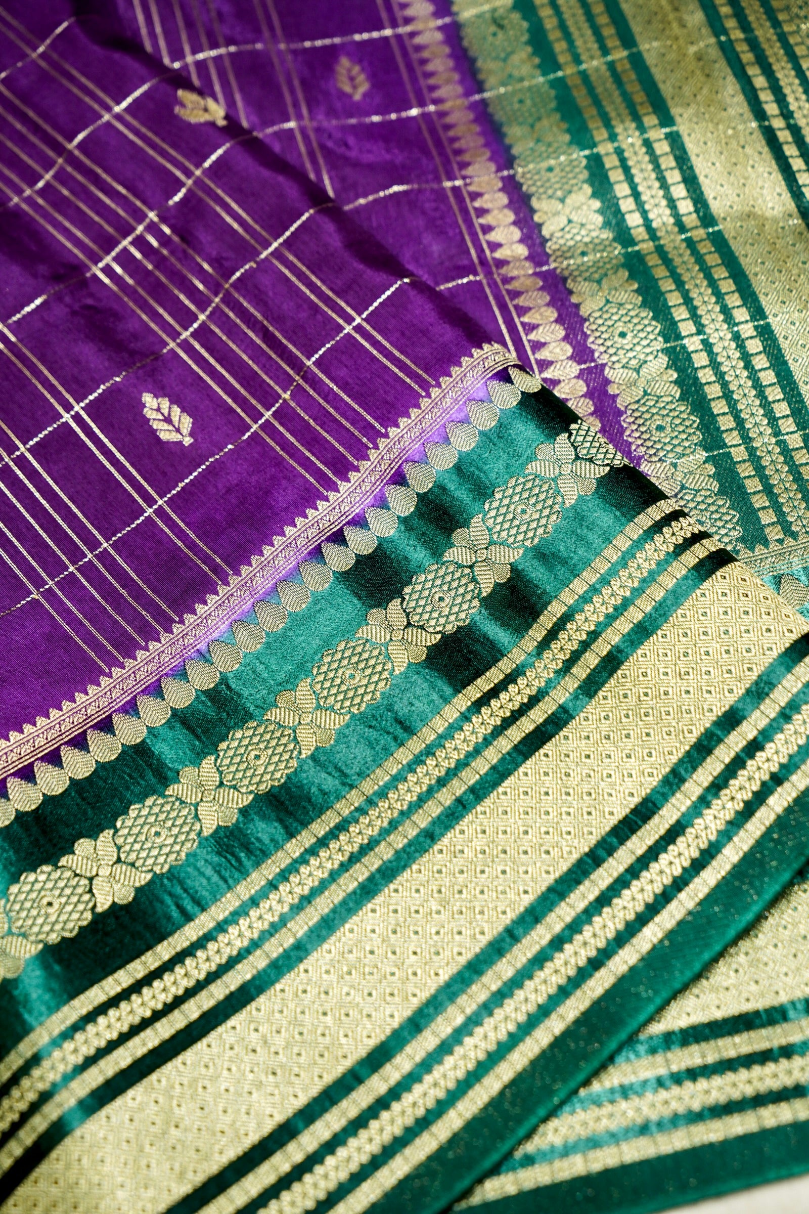 Royal Purple Dola Banarasi Silk Saree with Teal Green and Silver Zari Border