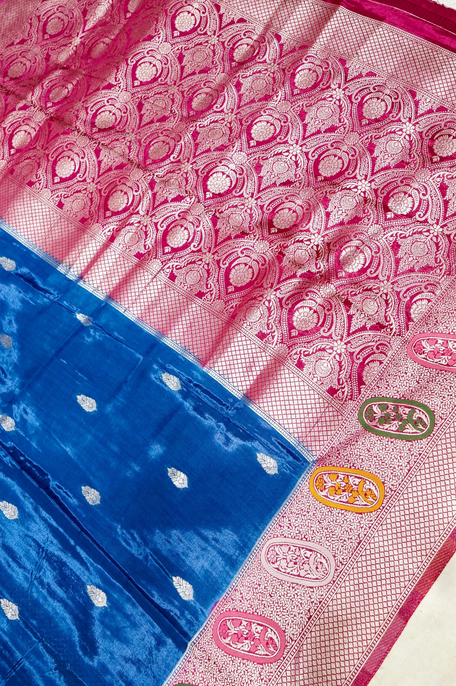 Cobalt Blue Dupion Banarasi Silk Saree with Rani Pink Border