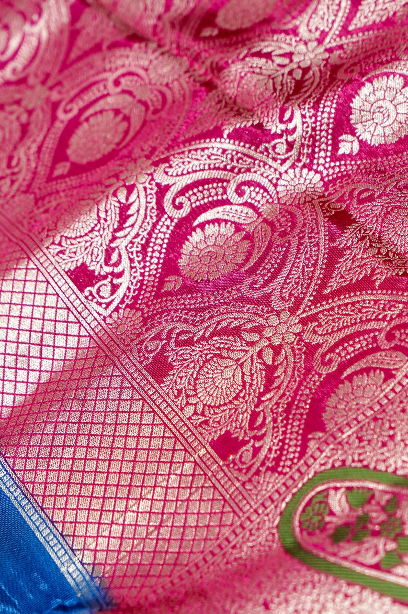 Cobalt Blue Dupion Banarasi Silk Saree with Rani Pink Border