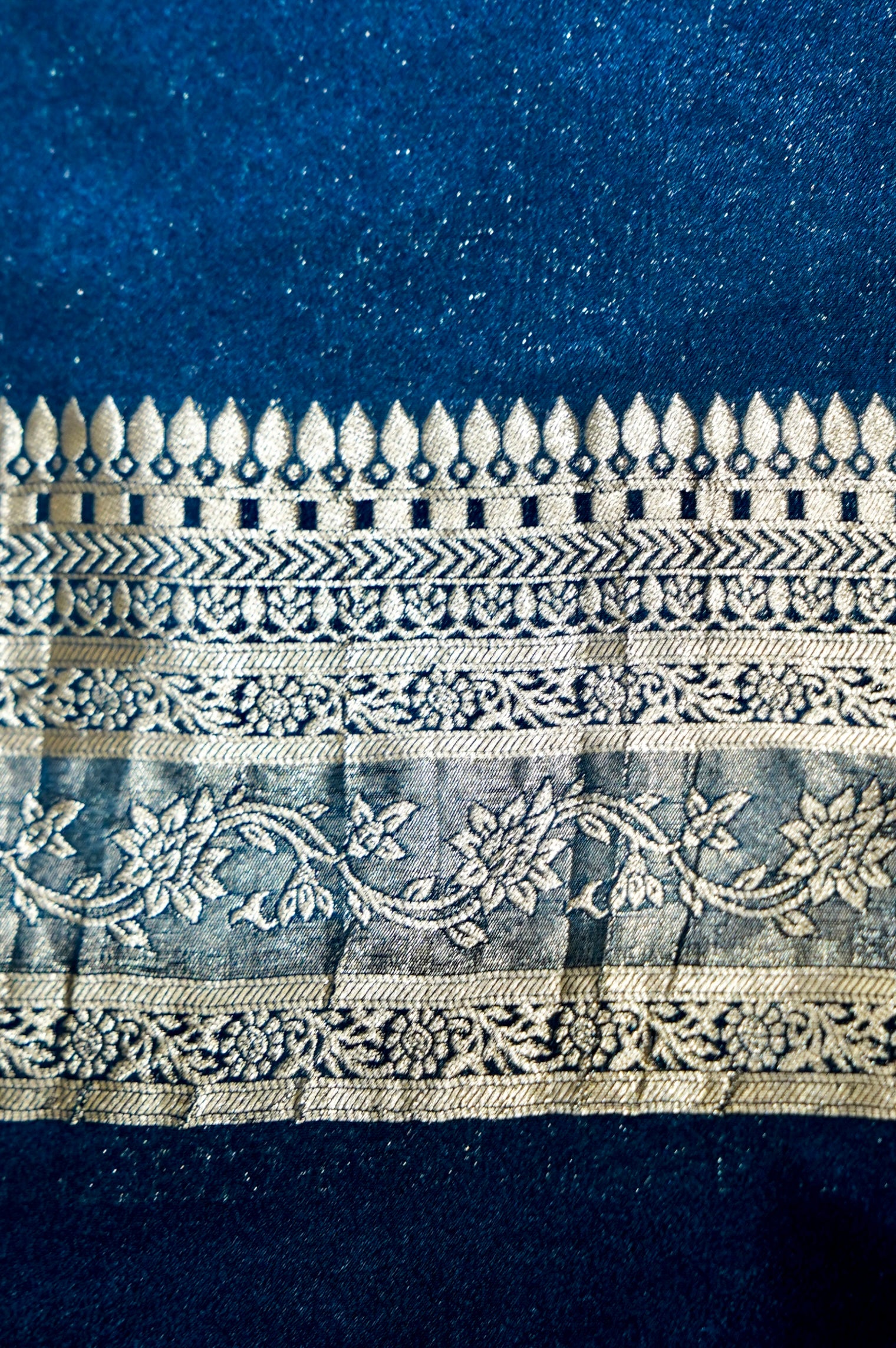 Peach Crepe Georgette Silk Saree with Floral Navy Blue Border