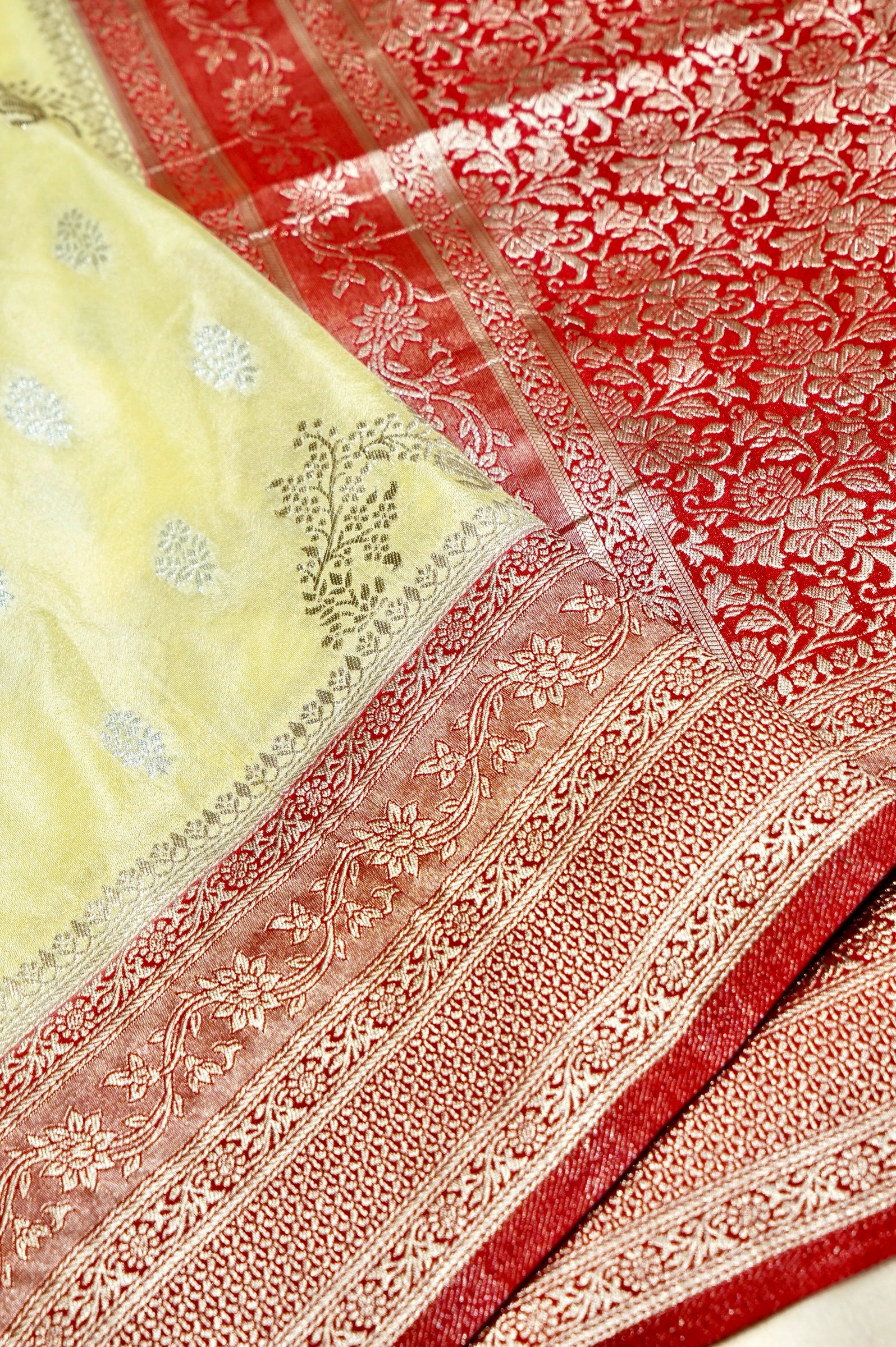 Butter Yellow Crepe Georgette Silk Saree with Floral Crimson Red Border