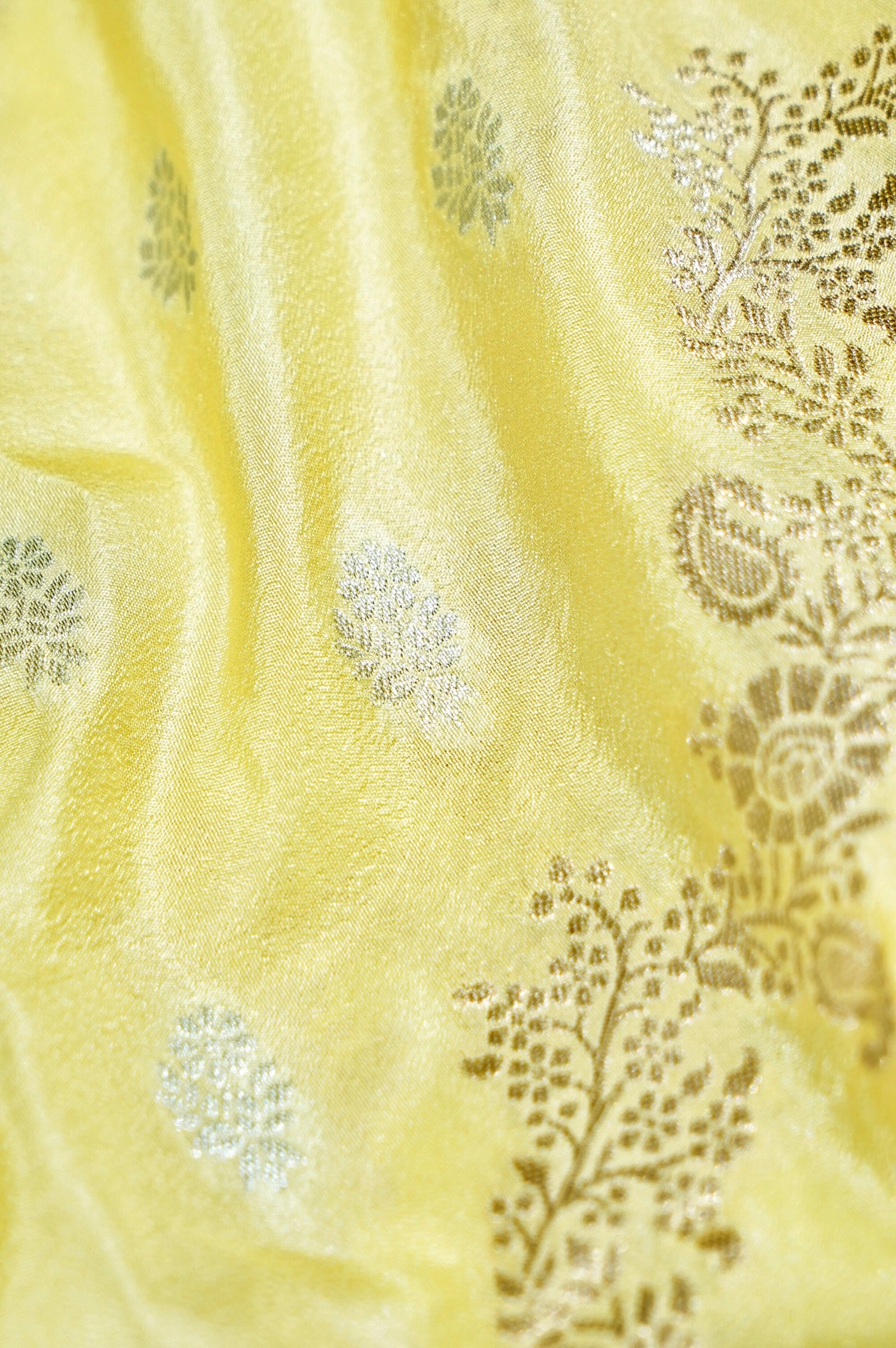 Butter Yellow Crepe Georgette Silk Saree with Floral Crimson Red Border