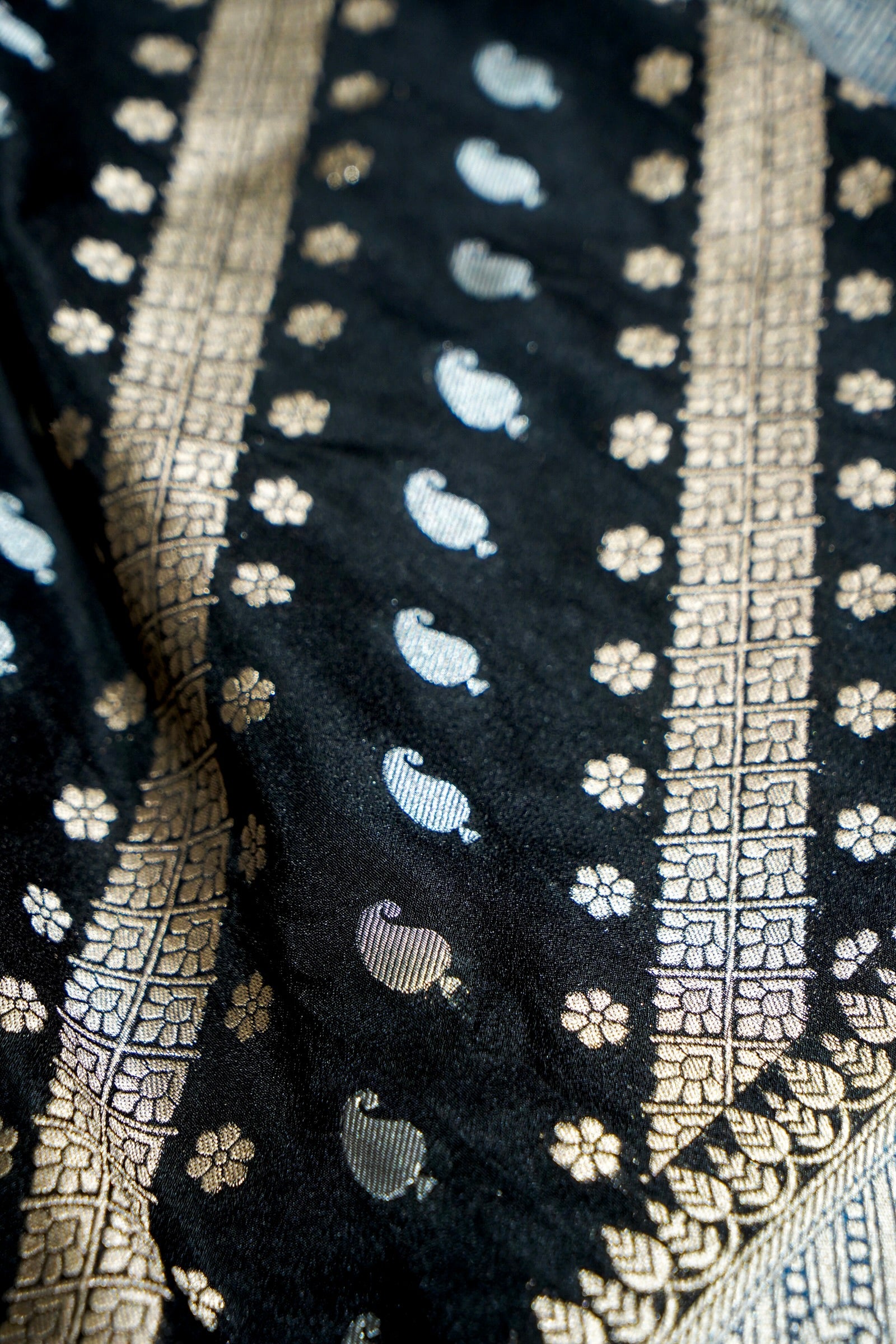 Jet Black Paisley Crepe Georgette Silk Saree with Royal Blue Border