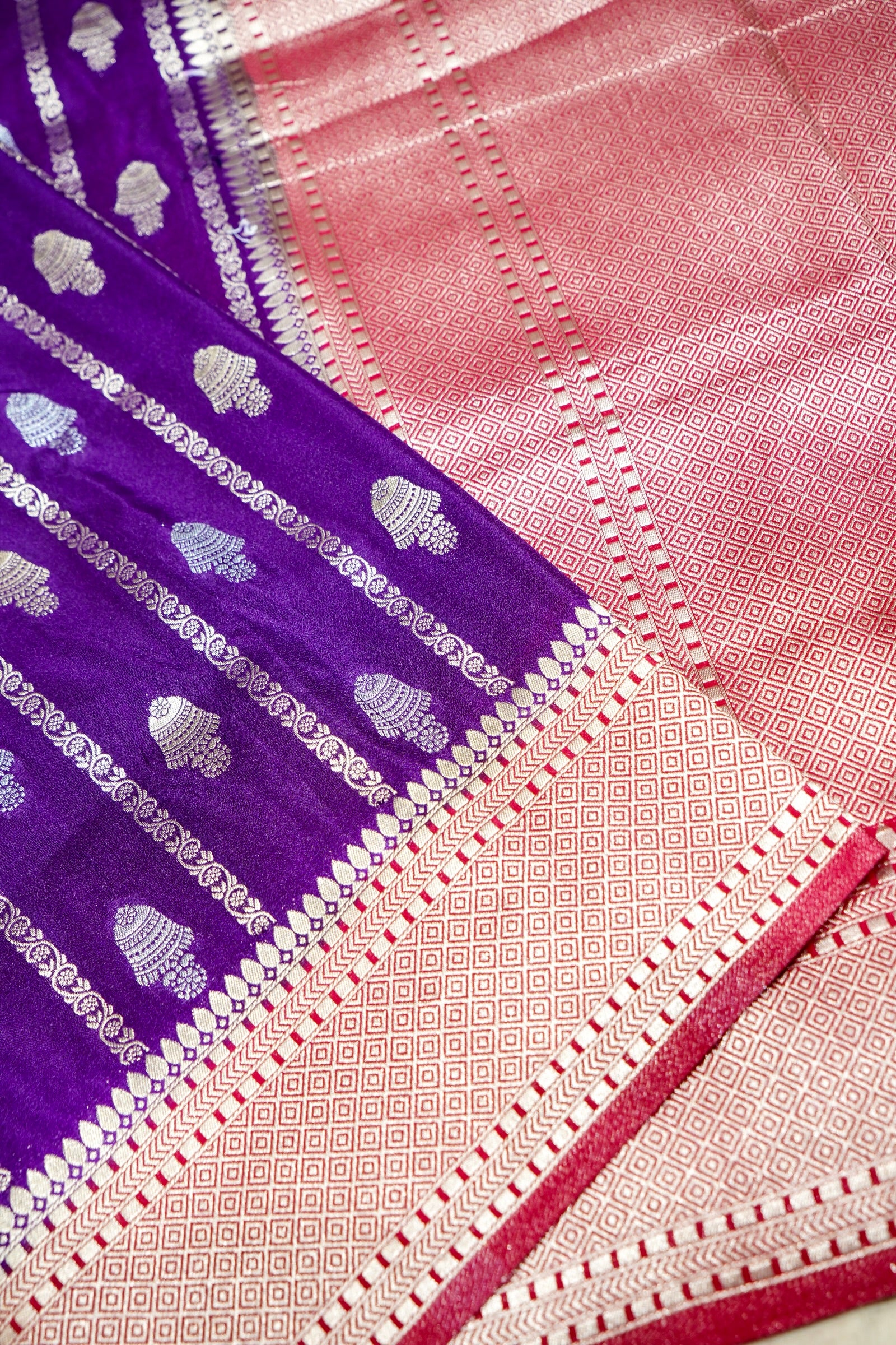 Royal Purple Bell Motifs Crepe Georgette Silk Saree with Crimson Red Border
