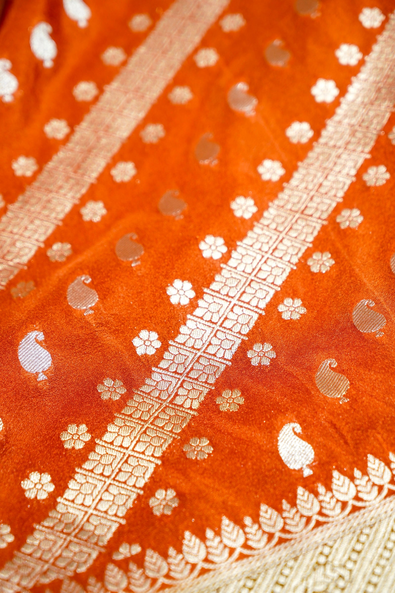 Rust Orange Paisley Crepe Georgette Silk Saree with Mustard Gold Border