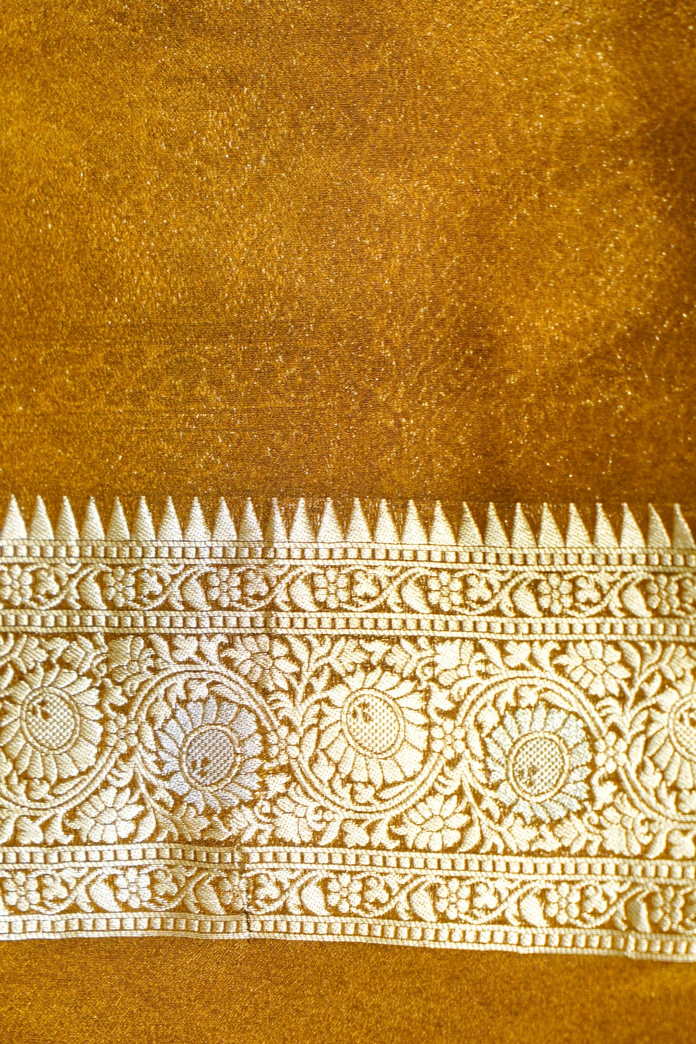 Rust Orange Paisley Crepe Georgette Silk Saree with Mustard Gold Border