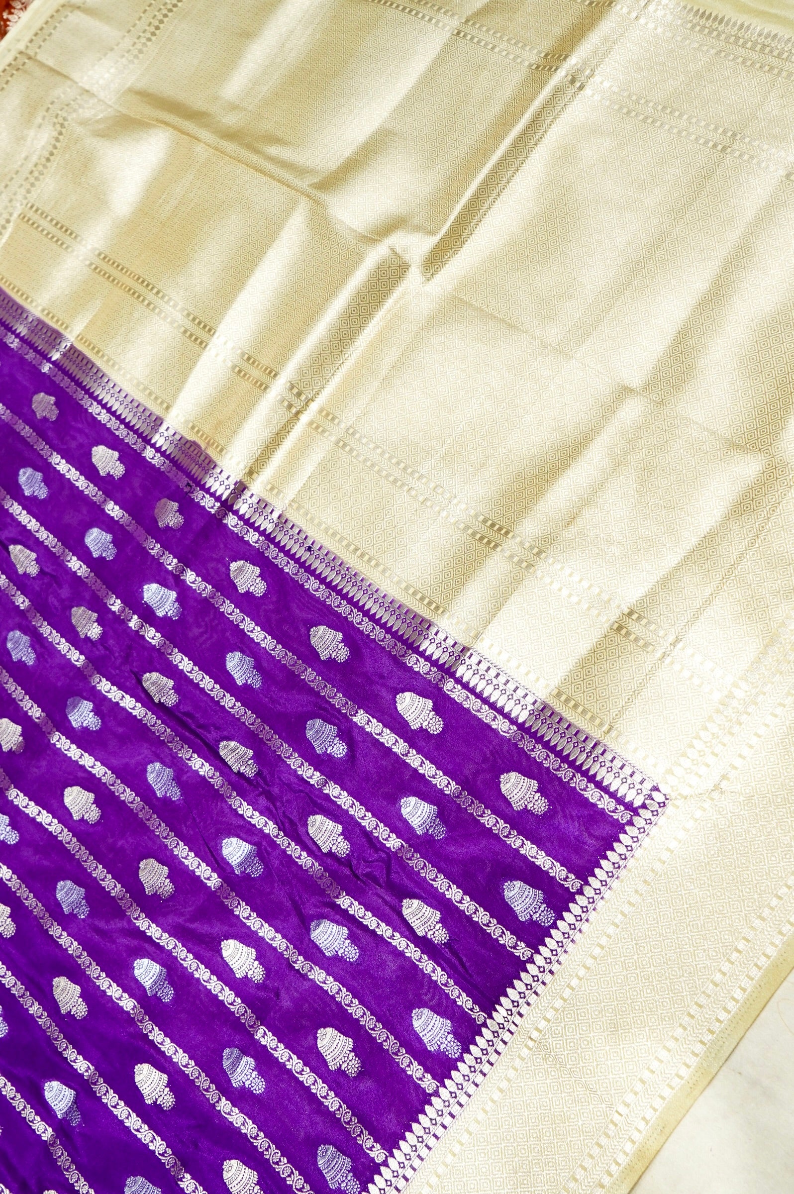 Royal Purple Bell Motifs Crepe Georgette Silk Saree with Champagne Border