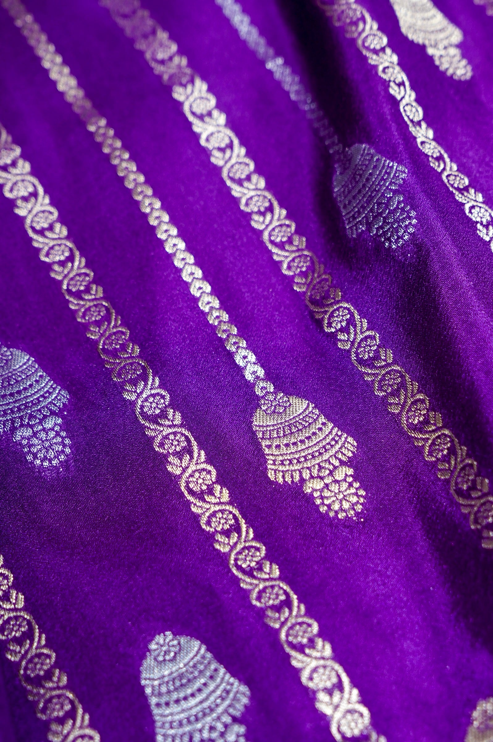 Royal Purple Bell Motifs Crepe Georgette Silk Saree with Champagne Border