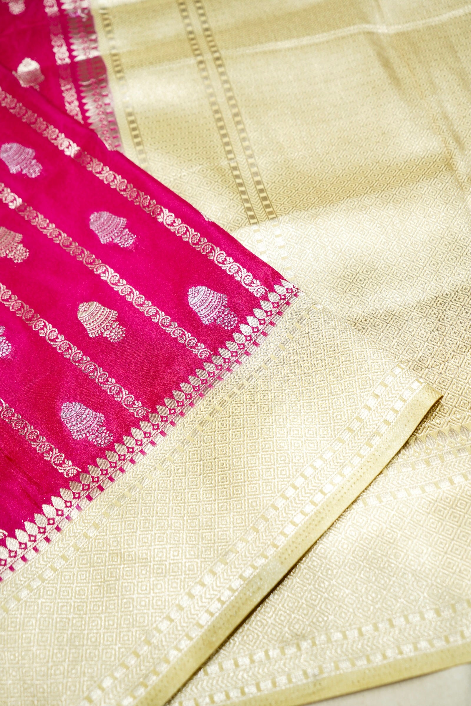 Rani Pink Bell Motifs Crepe Georgette Silk Saree with Champagne Border