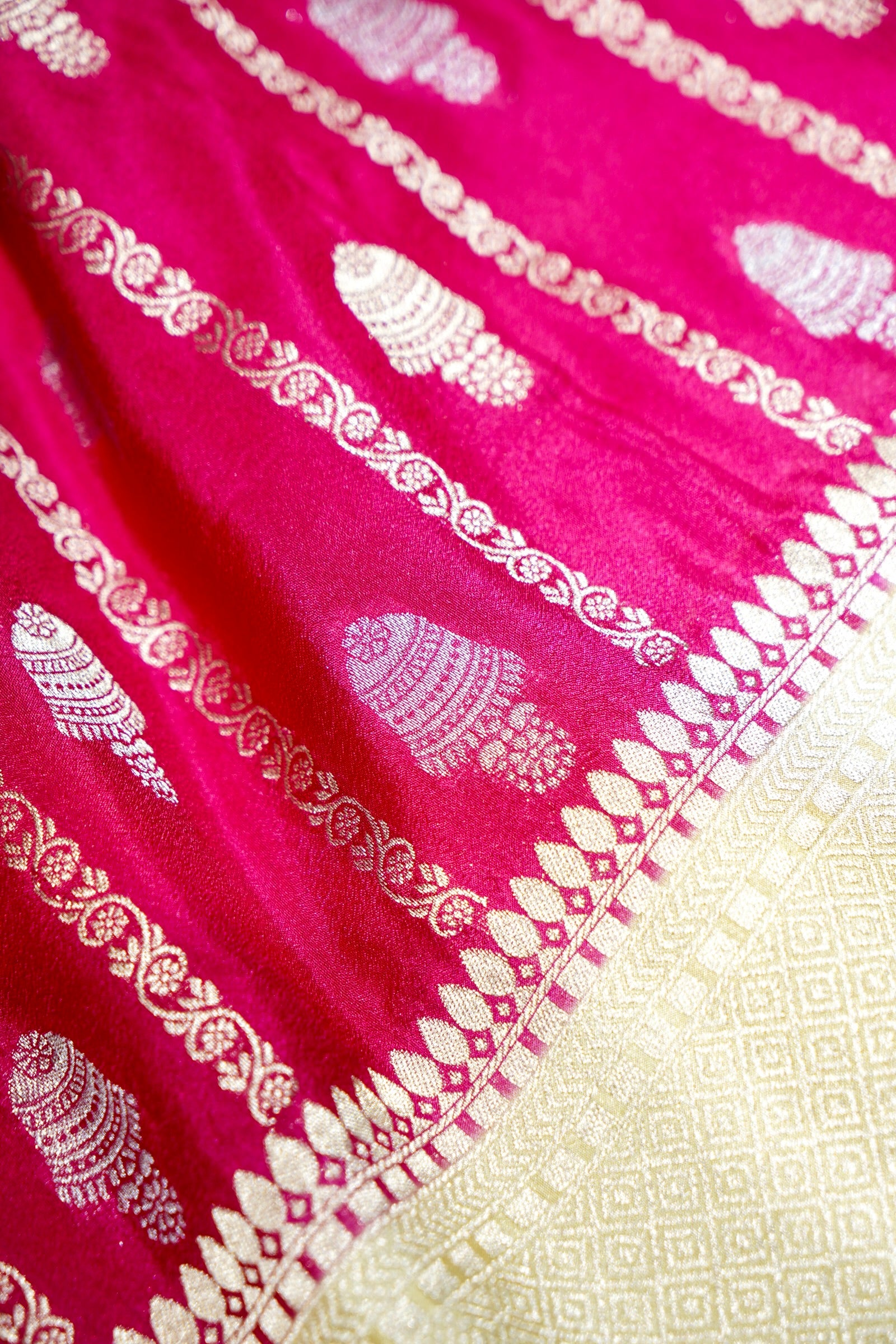 Rani Pink Bell Motifs Crepe Georgette Silk Saree with Champagne Border