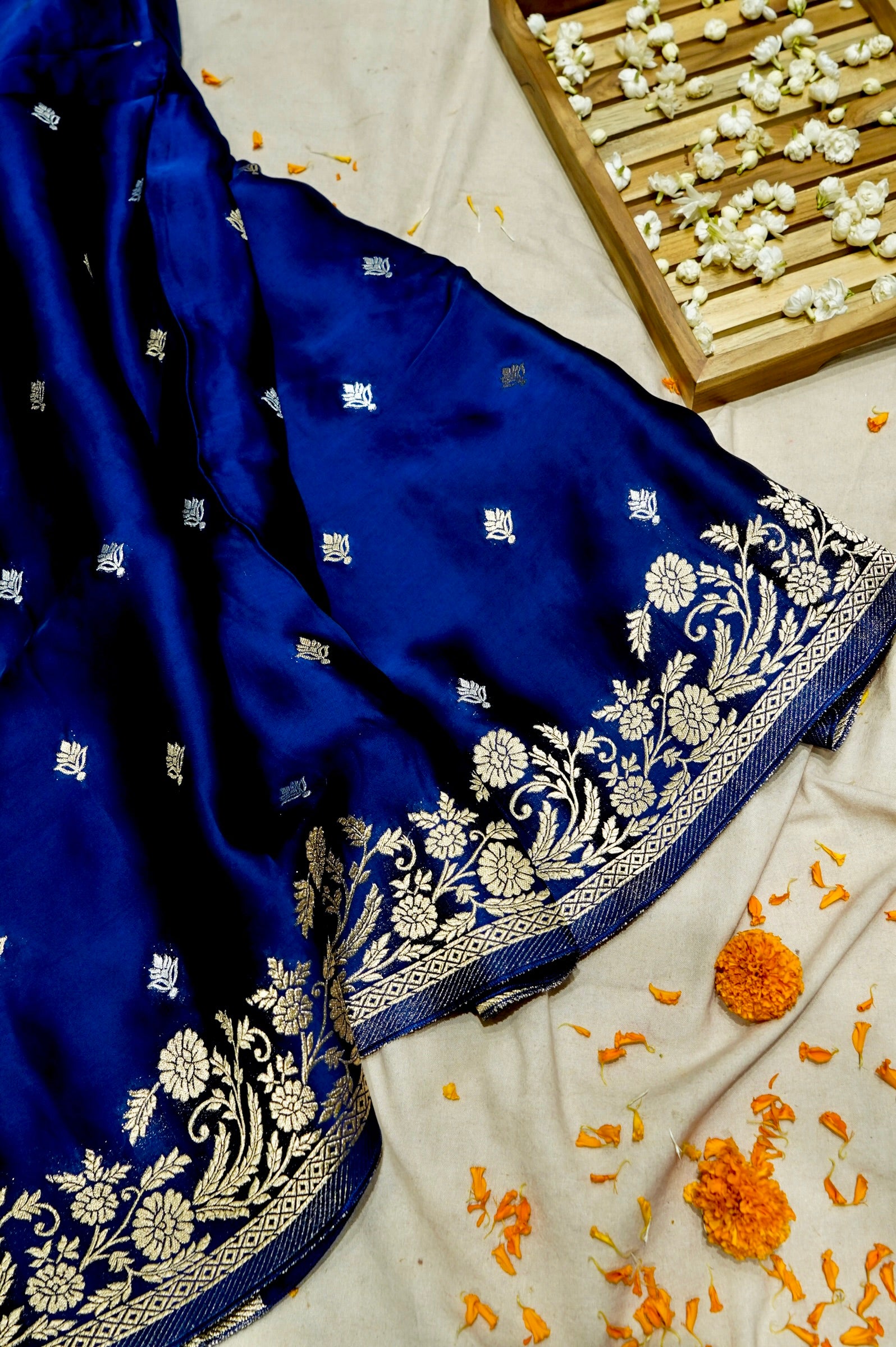 Sapphire Blue Mashru Silk Saree with Floral Gold Zari Border