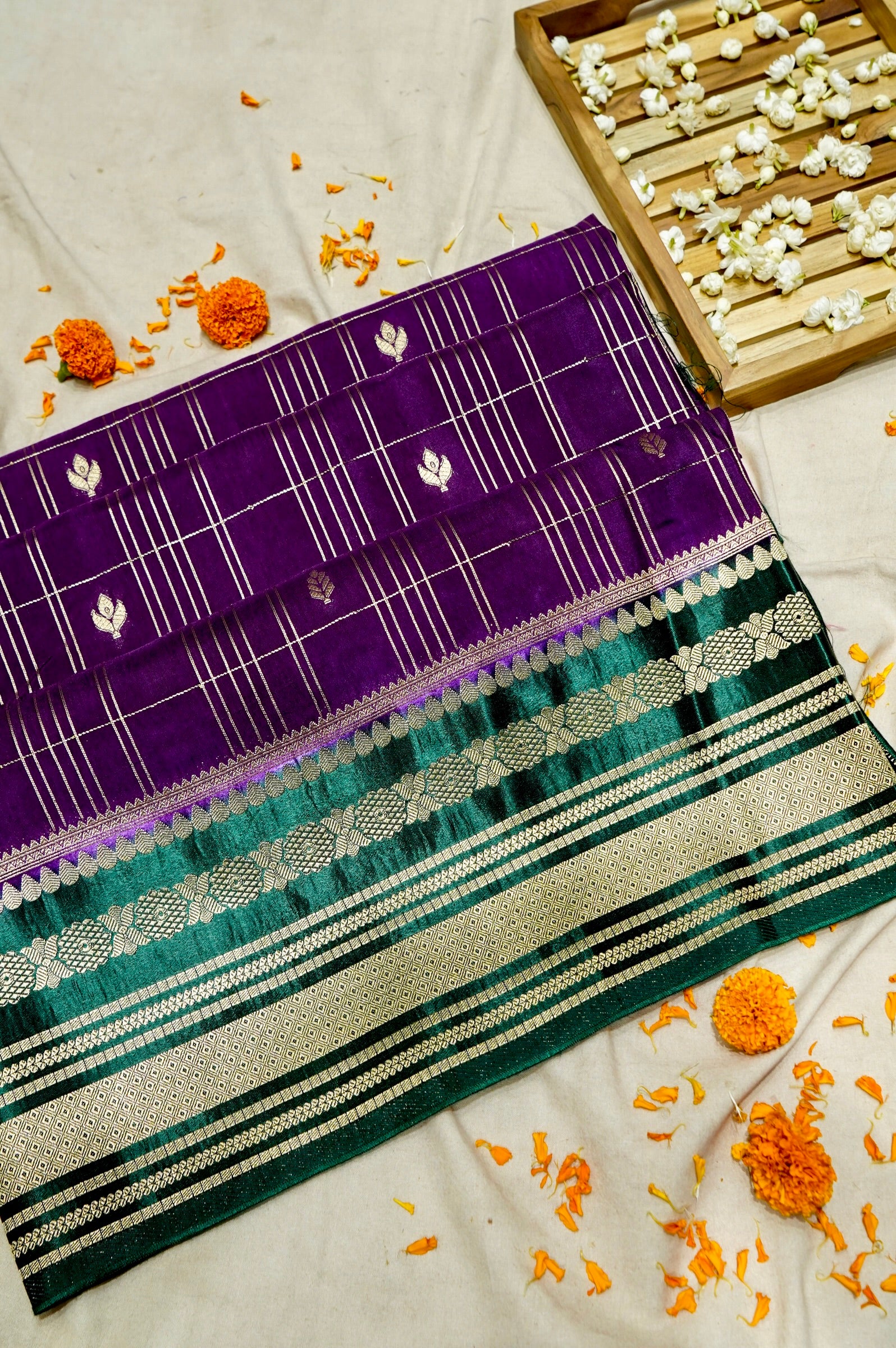 Royal Purple Dola Banarasi Silk Saree with Teal Green and Silver Zari Border