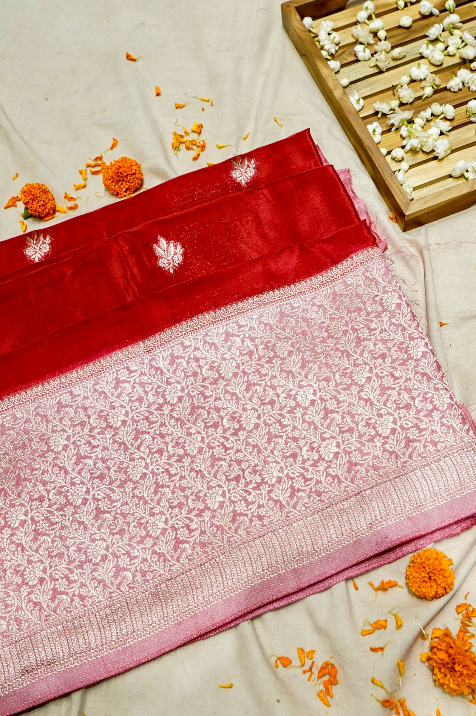 Coral Red Dola Silk Saree with Baby Pink and Champagne Zari Border