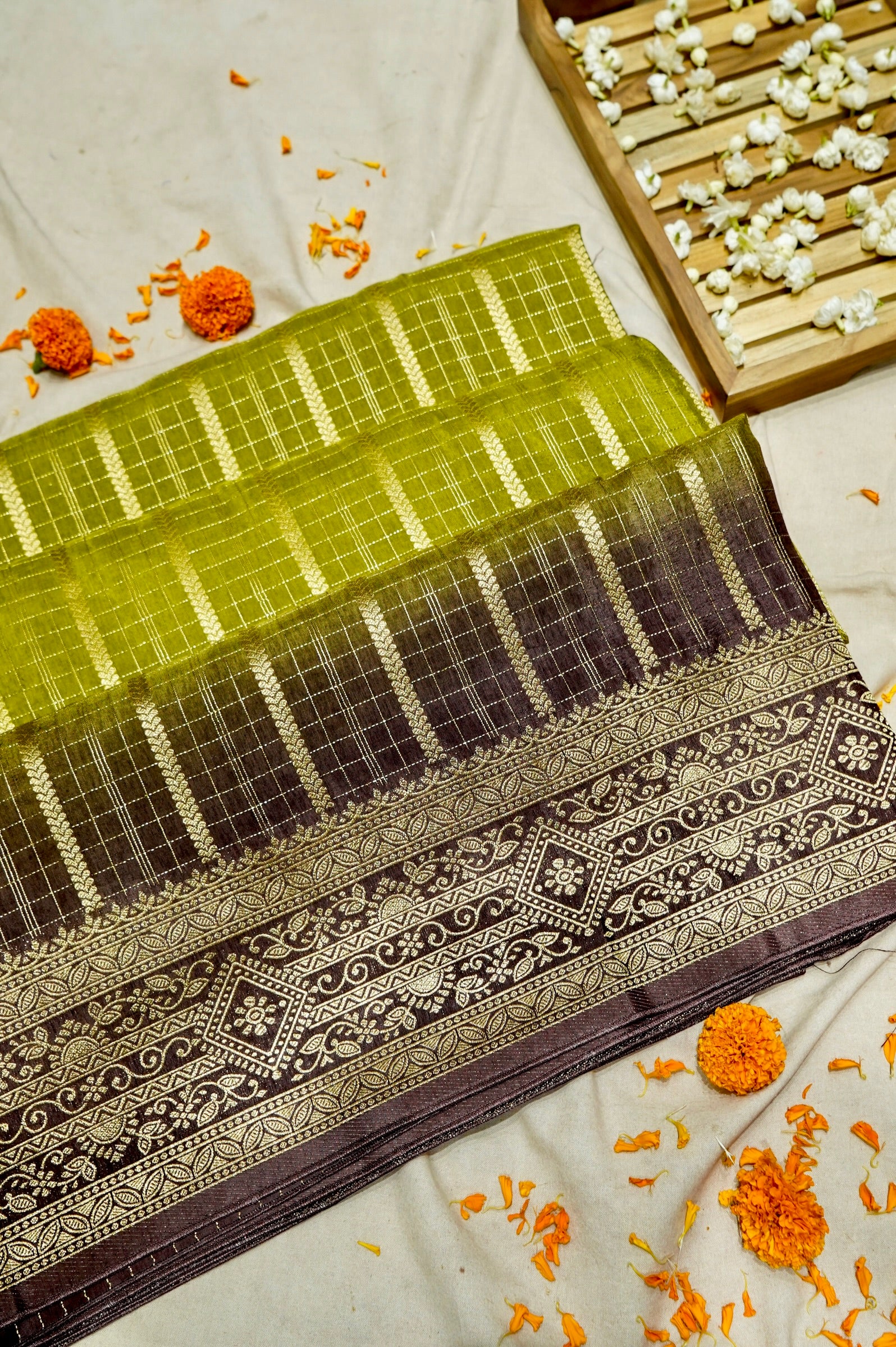 Parrot Green Dola Silk Saree with Dark Brown and Gold Zari Border