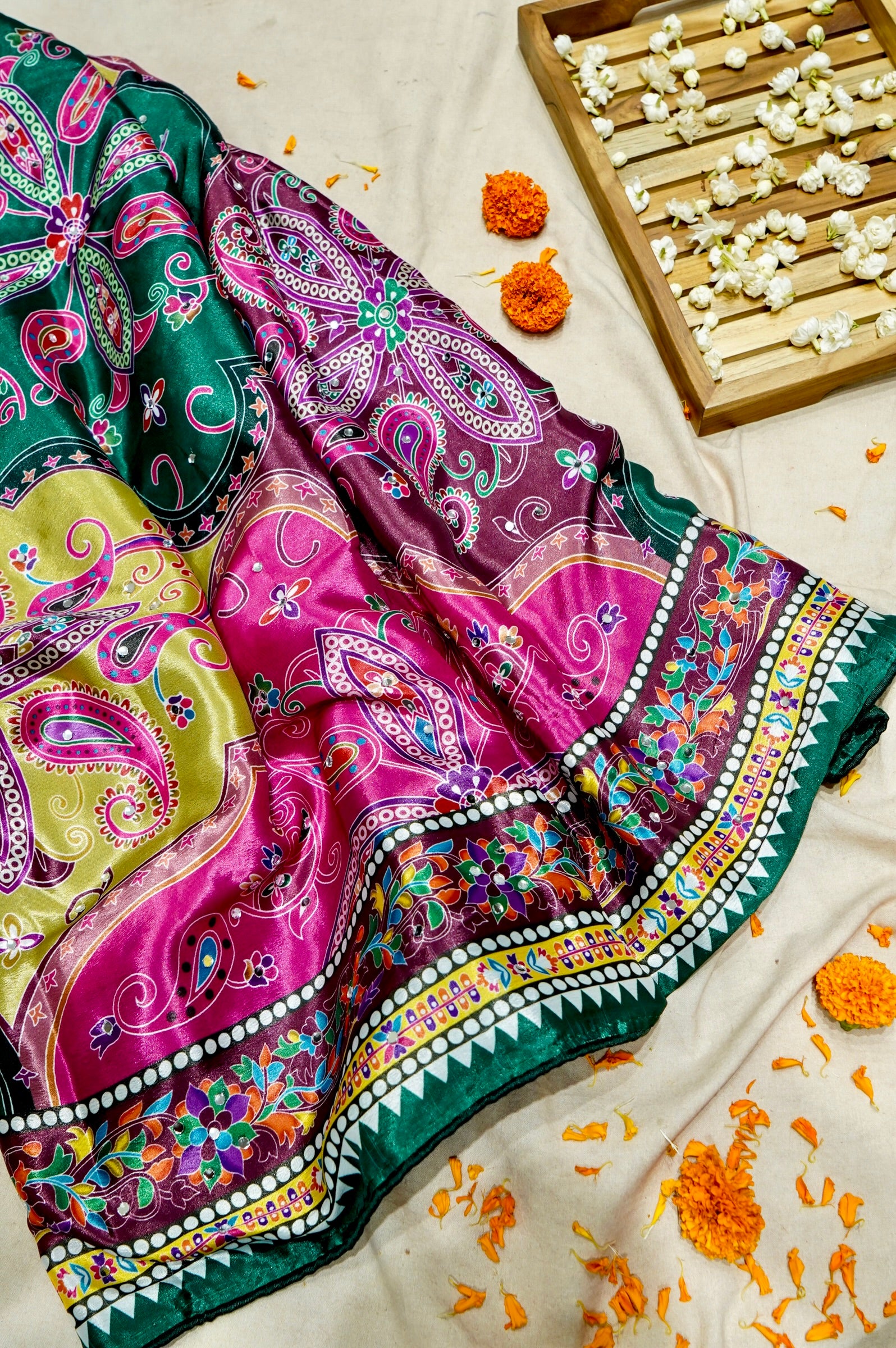Berry Blossom Paisley Print Roman Silk Saree with Floral Border