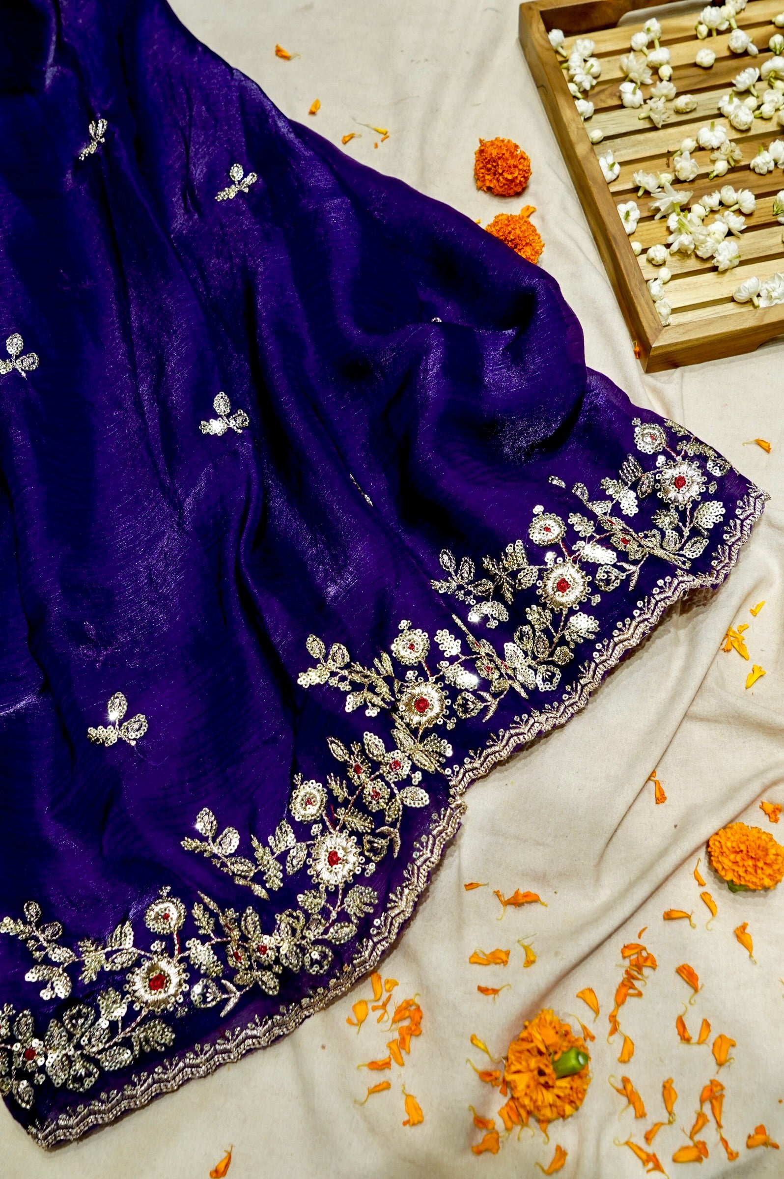 Imperial Violet Designer Chiffon Silk Saree with Sequin Embroidery