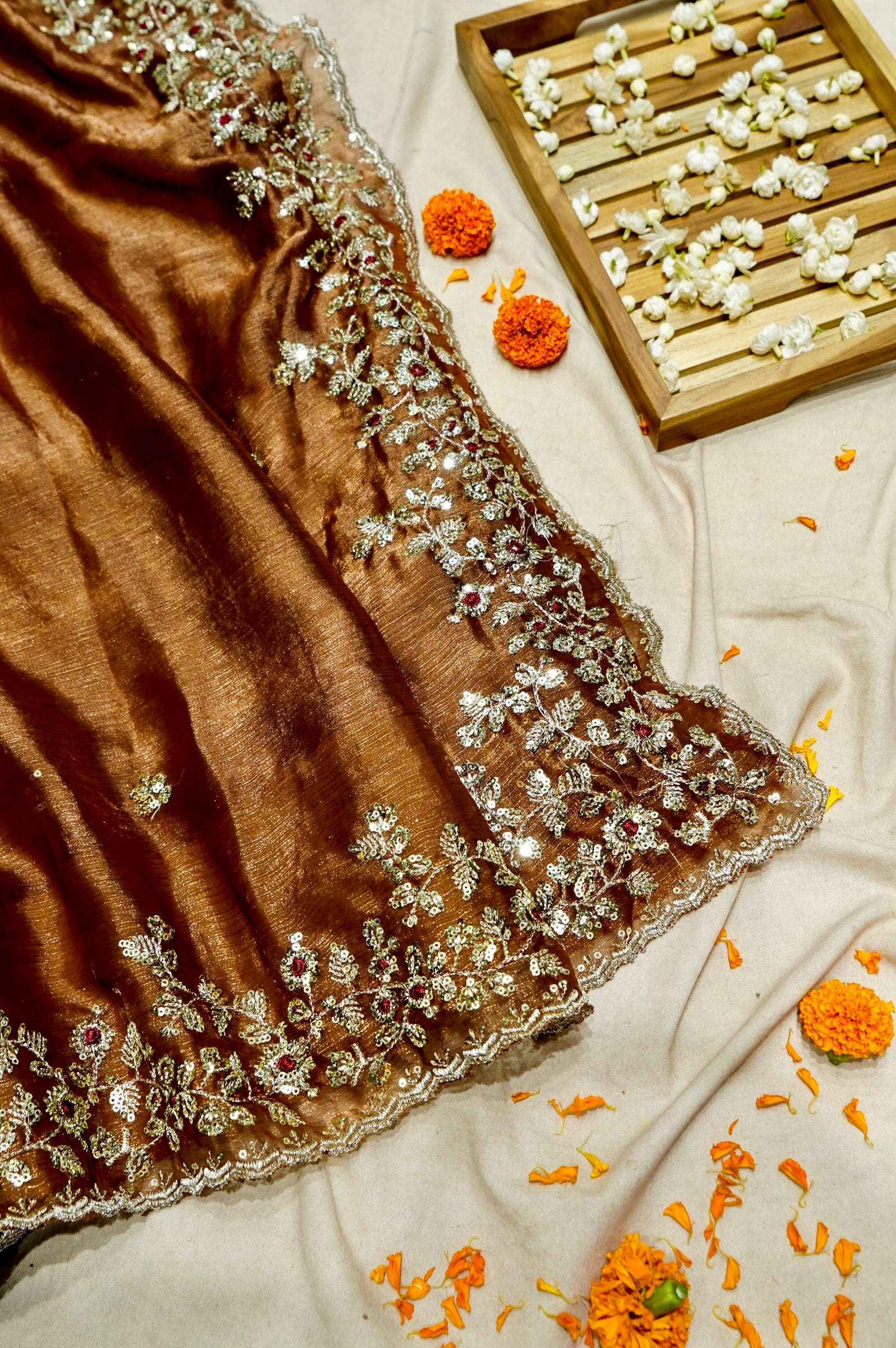 Brownish Copper Designer Chiffon Silk Saree with Sequin Embroidery