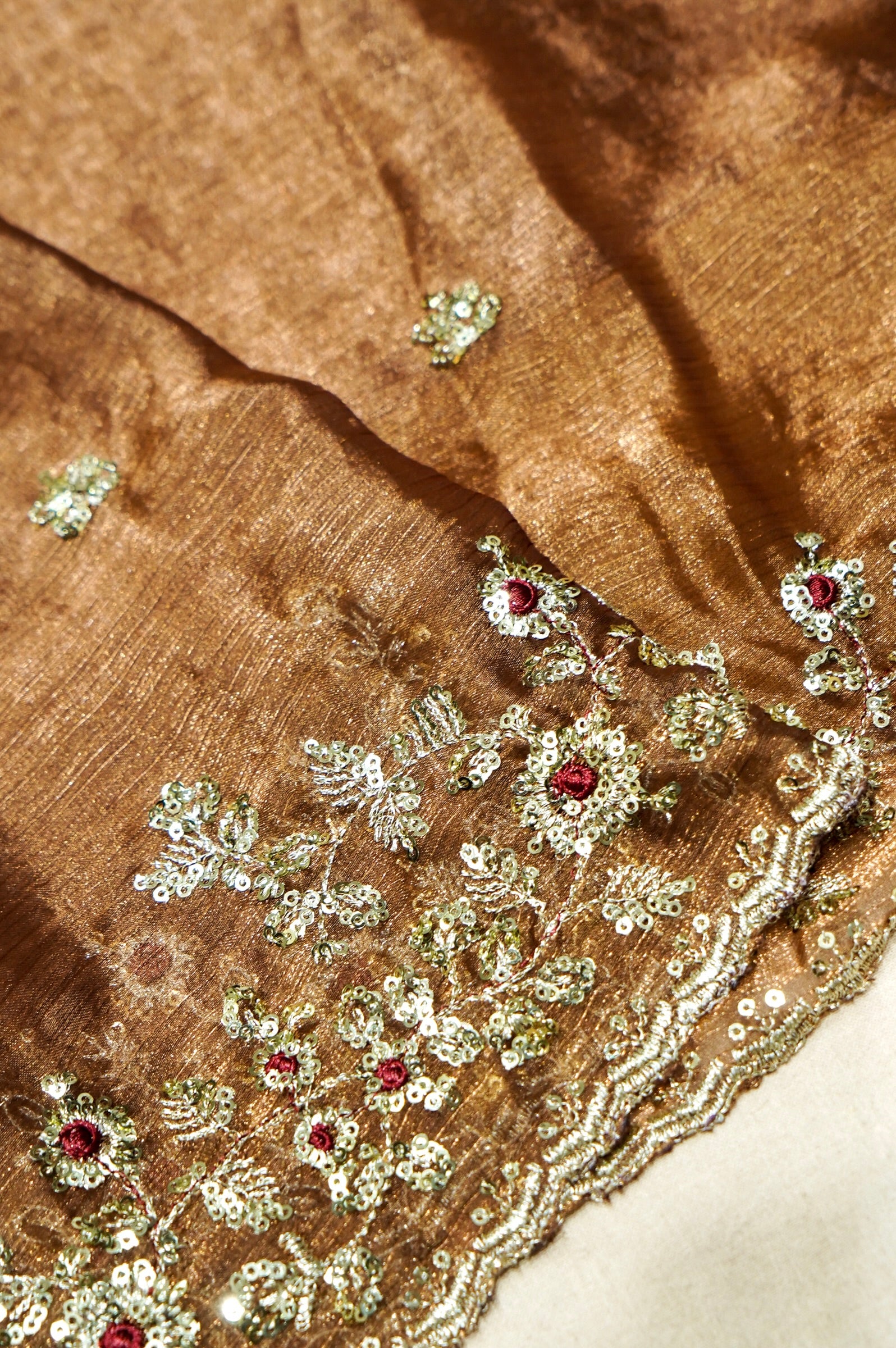 Brownish Copper Designer Chiffon Silk Saree with Sequin Embroidery