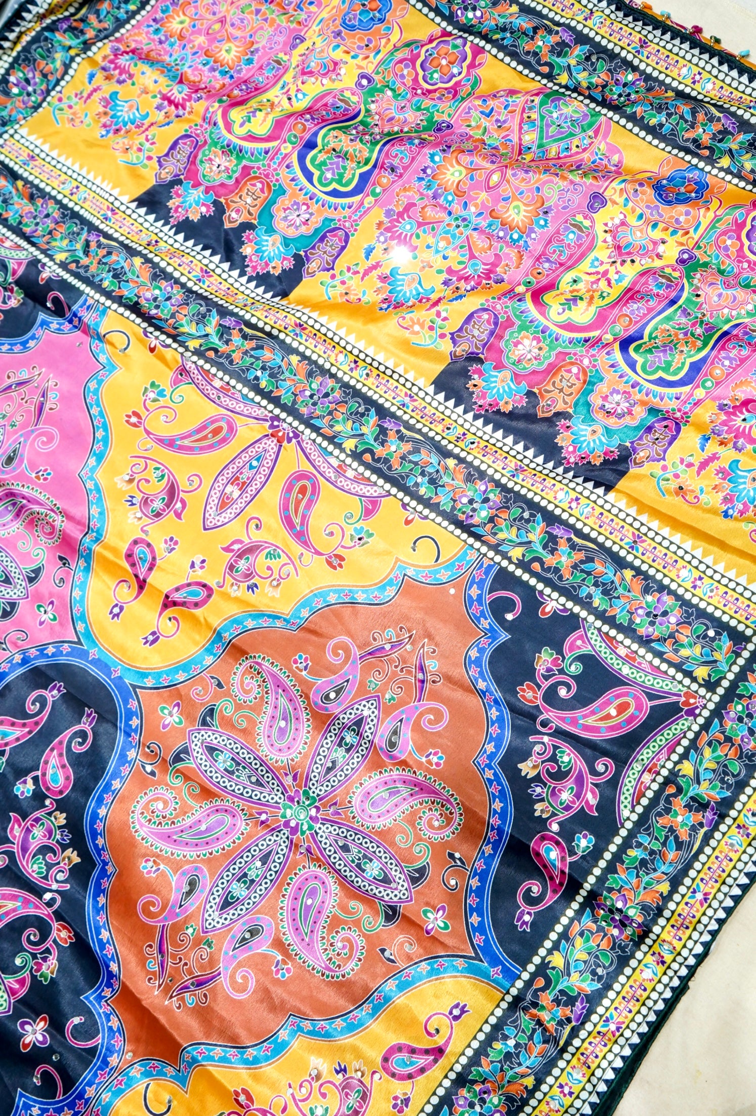 Multicolor Paisley Print Roman Silk Saree with Blue Border