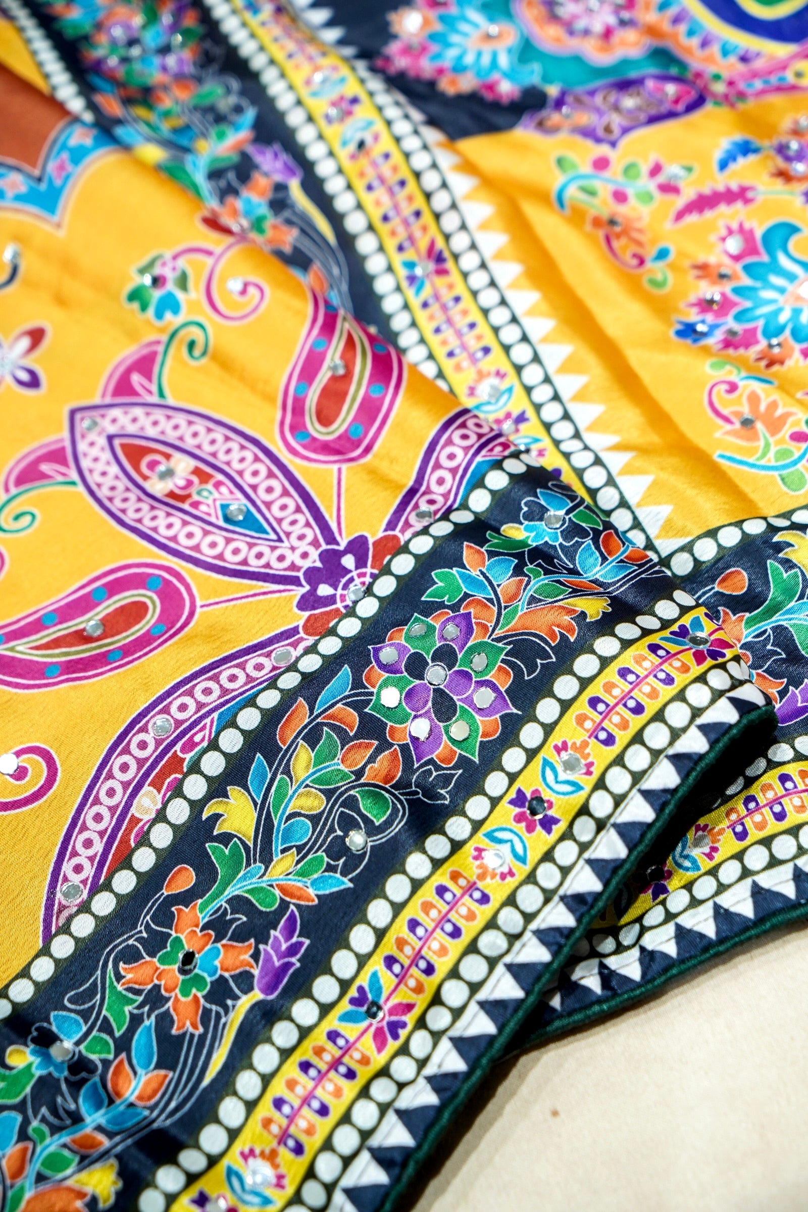 Multicolor Paisley Print Roman Silk Saree with Blue Border