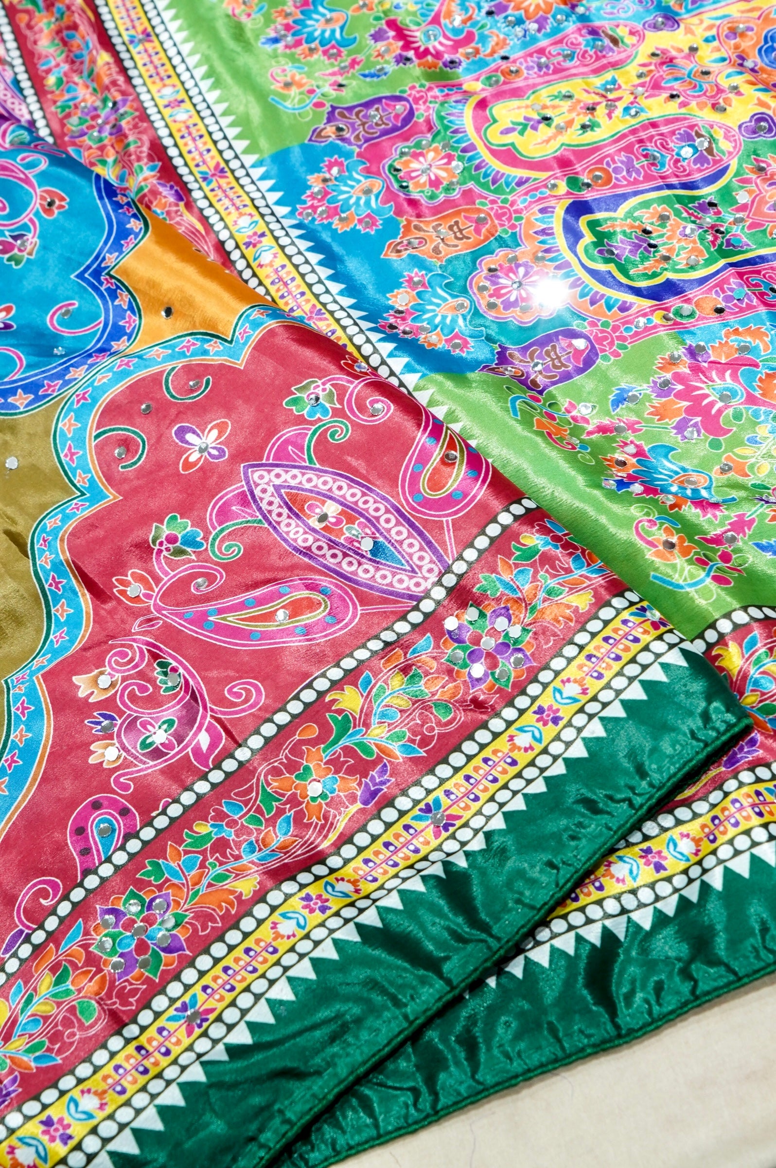 Multicolor Paisley Print Roman Silk Saree with Emerald Border