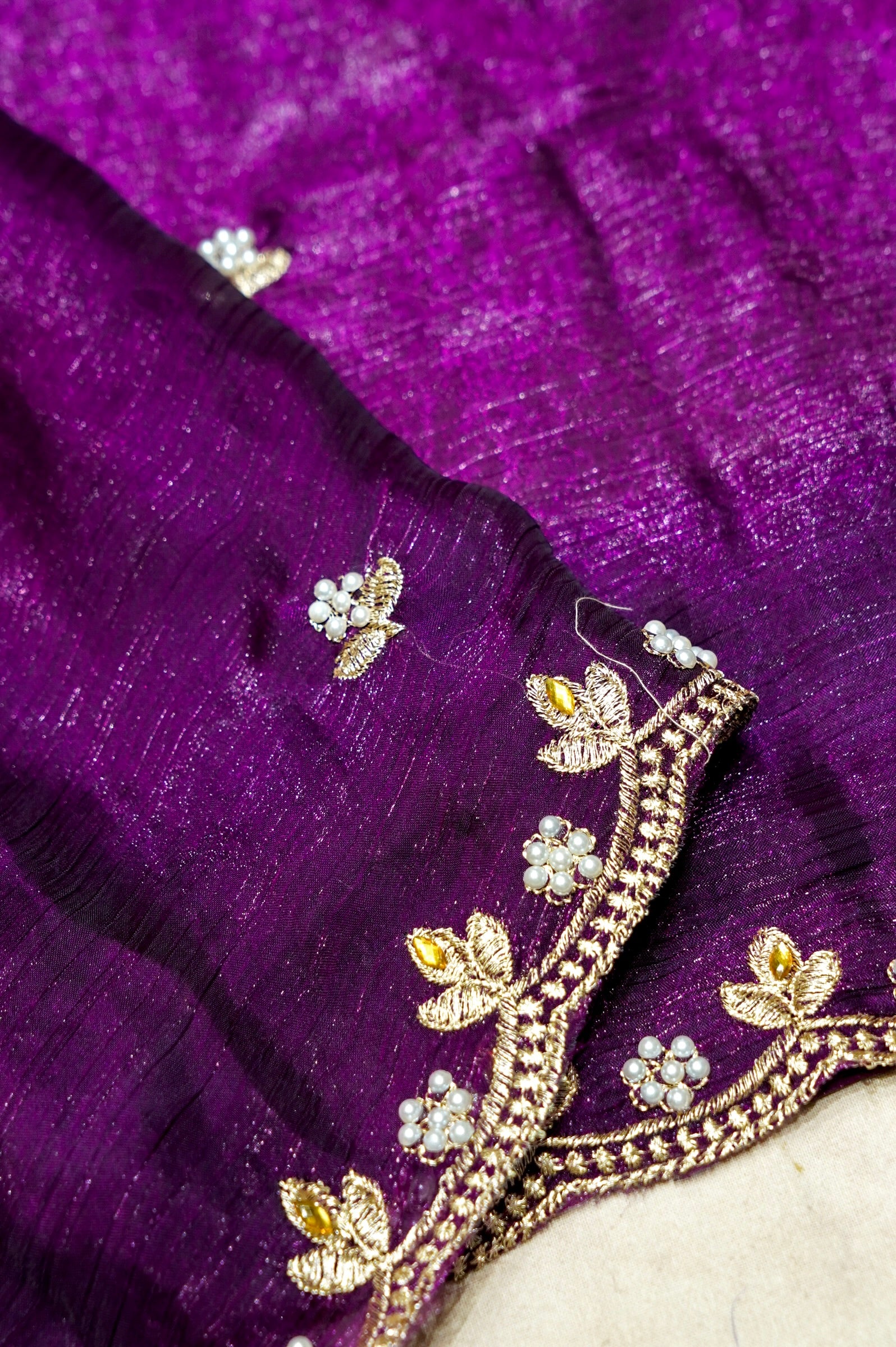 Purple Designer Chiffon Tissue Silk Saree with Contrast Green Blouse