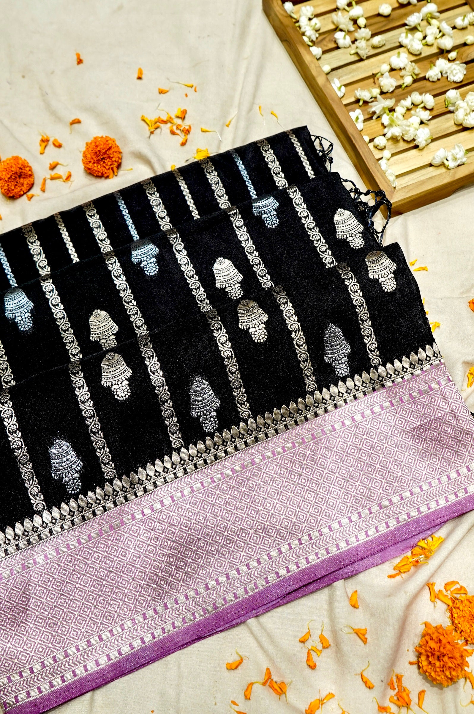 Jet Black Bell Motifs Crepe Georgette Silk Saree with Blush Pink Border