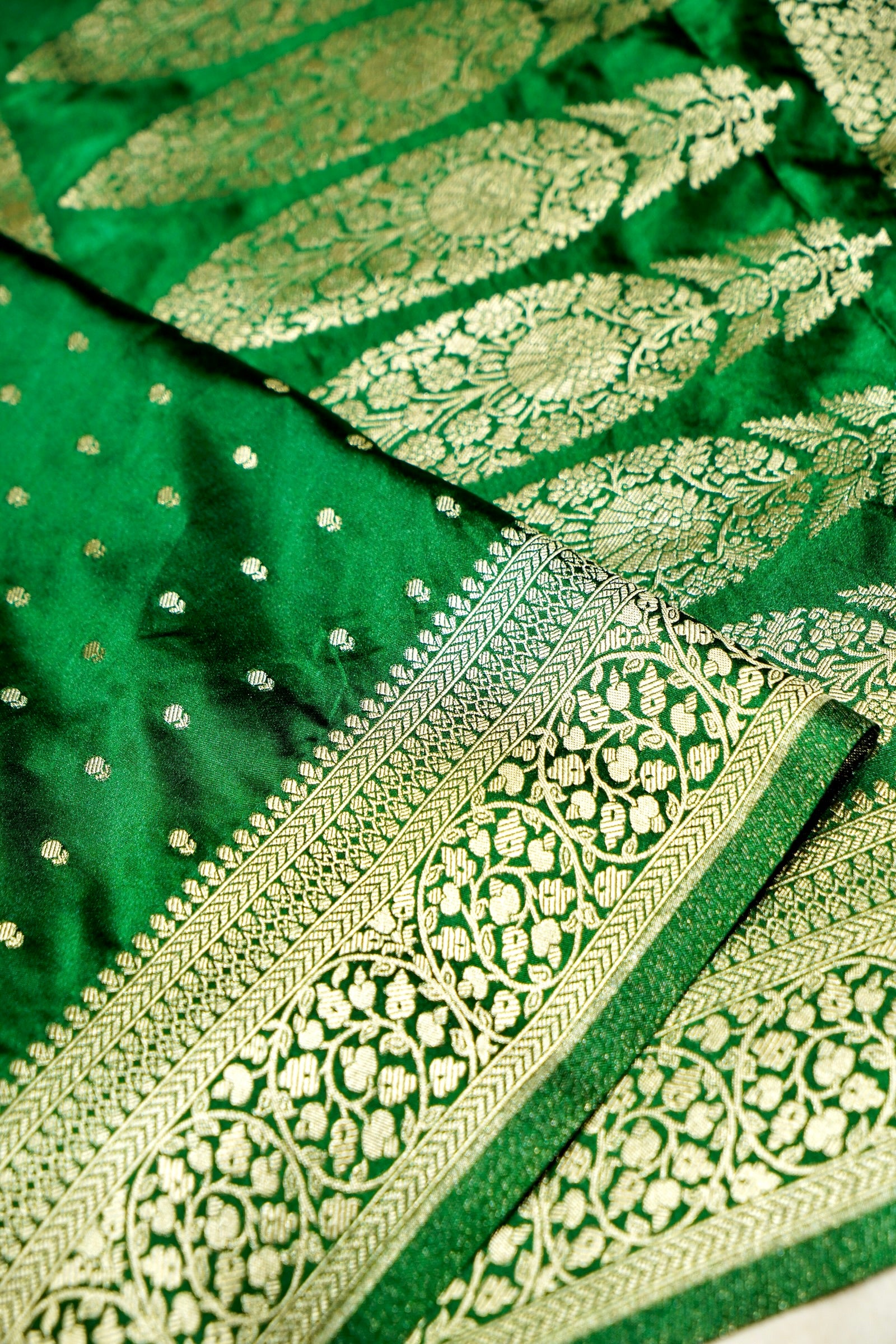 Emerald Green Dola Silk Saree with Gold Zari Border