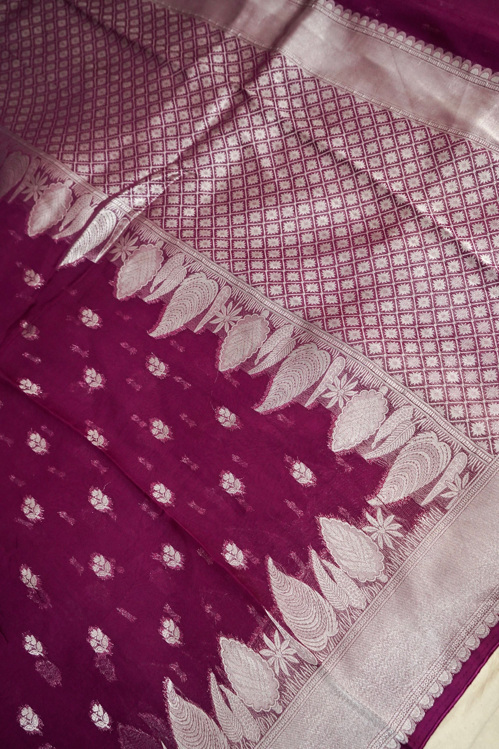 Deep Wine Crepe Georgette Silk Saree with Silver Zari Border
