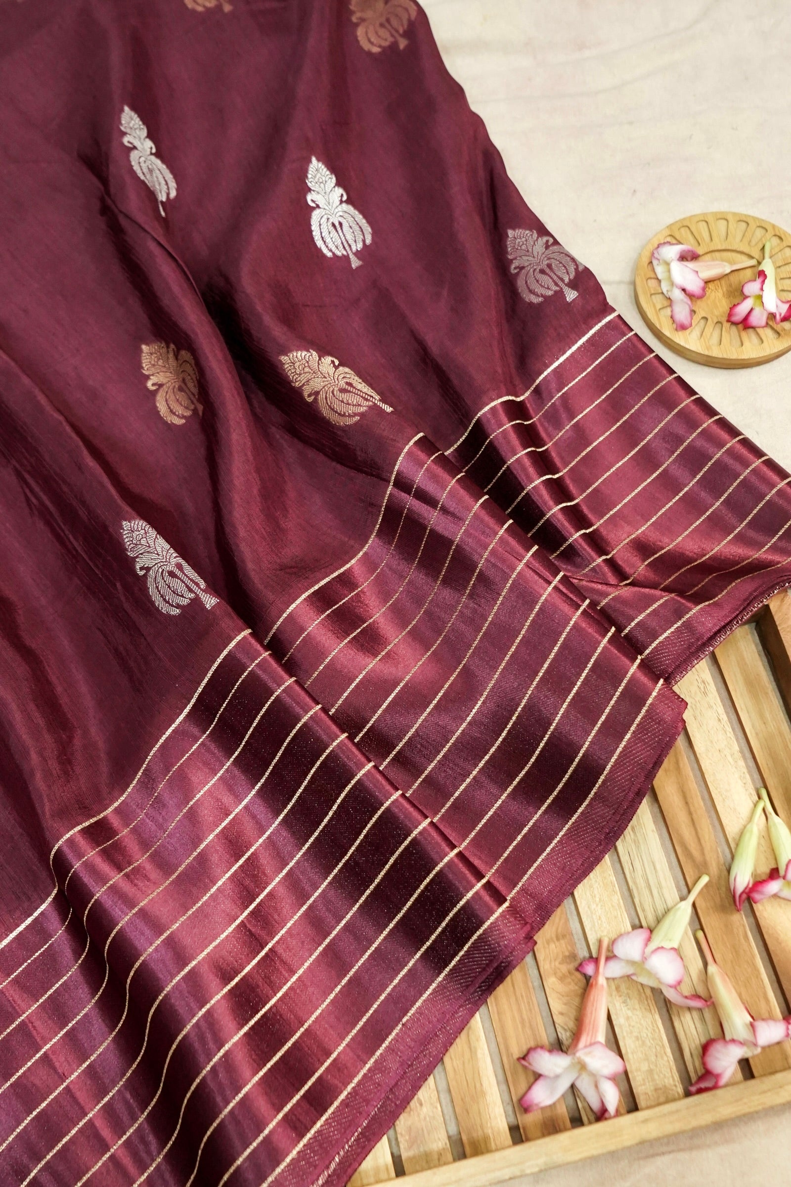 Wine Maroon Dupion Silk Saree with Gold Striped Border