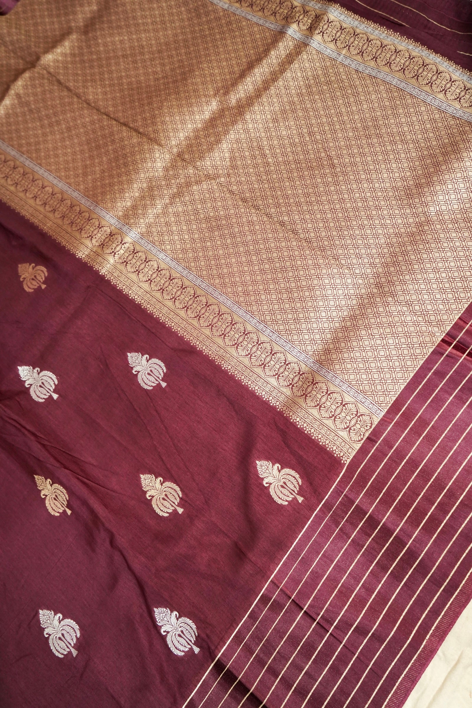 Wine Maroon Dupion Silk Saree with Gold Striped Border
