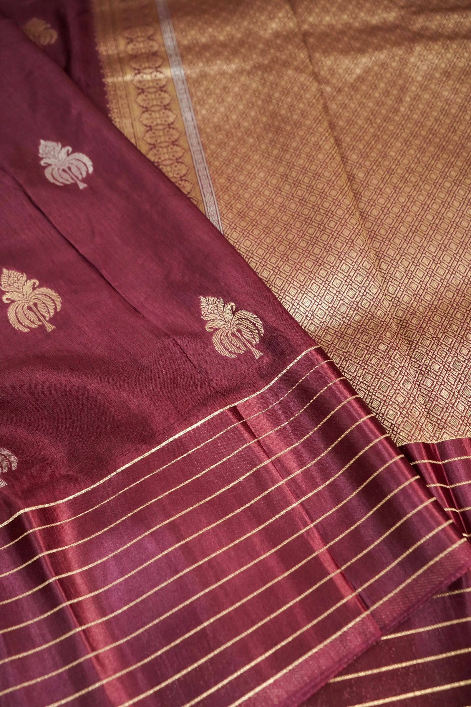 Wine Maroon Dupion Silk Saree with Gold Striped Border