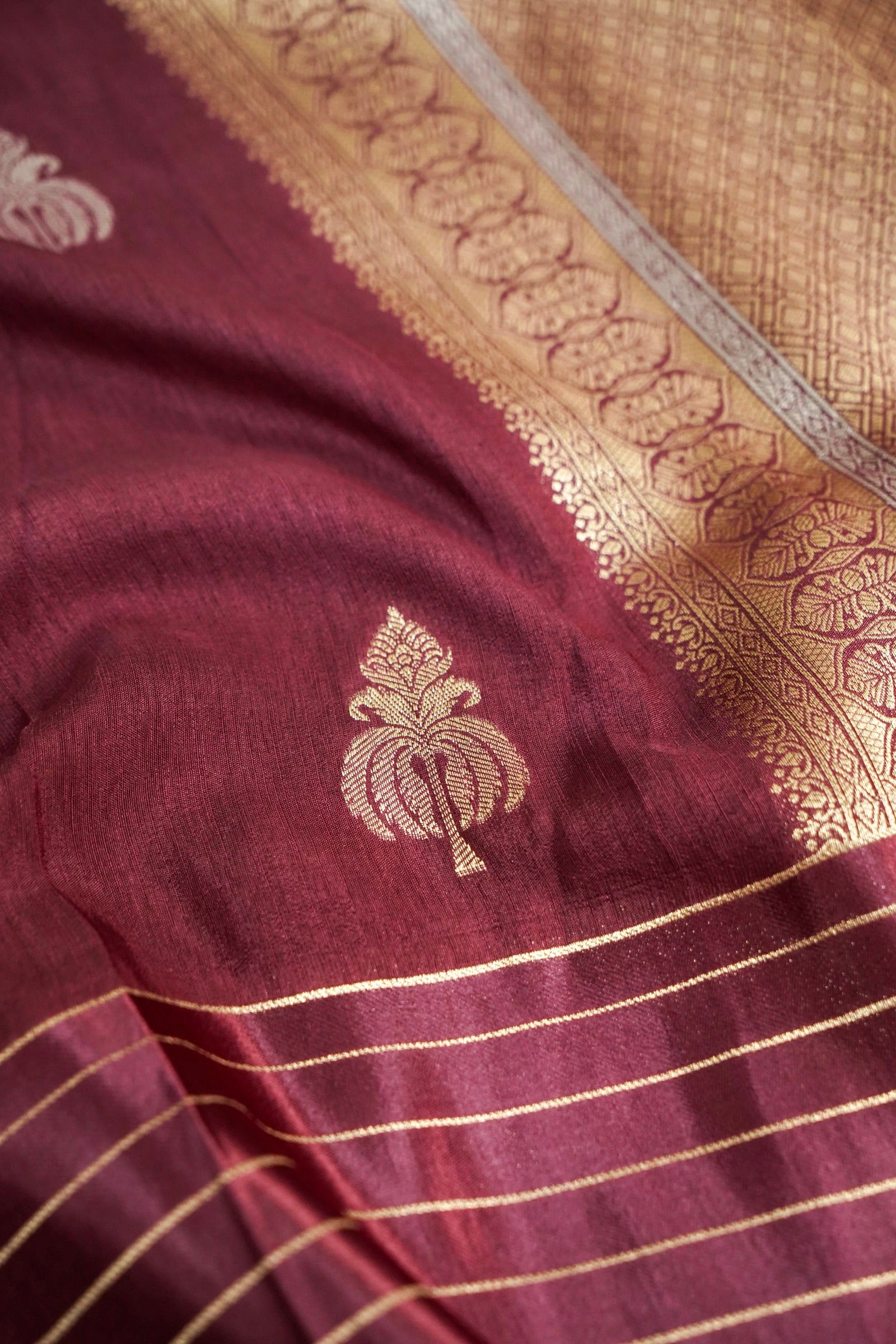 Wine Maroon Dupion Silk Saree with Gold Striped Border