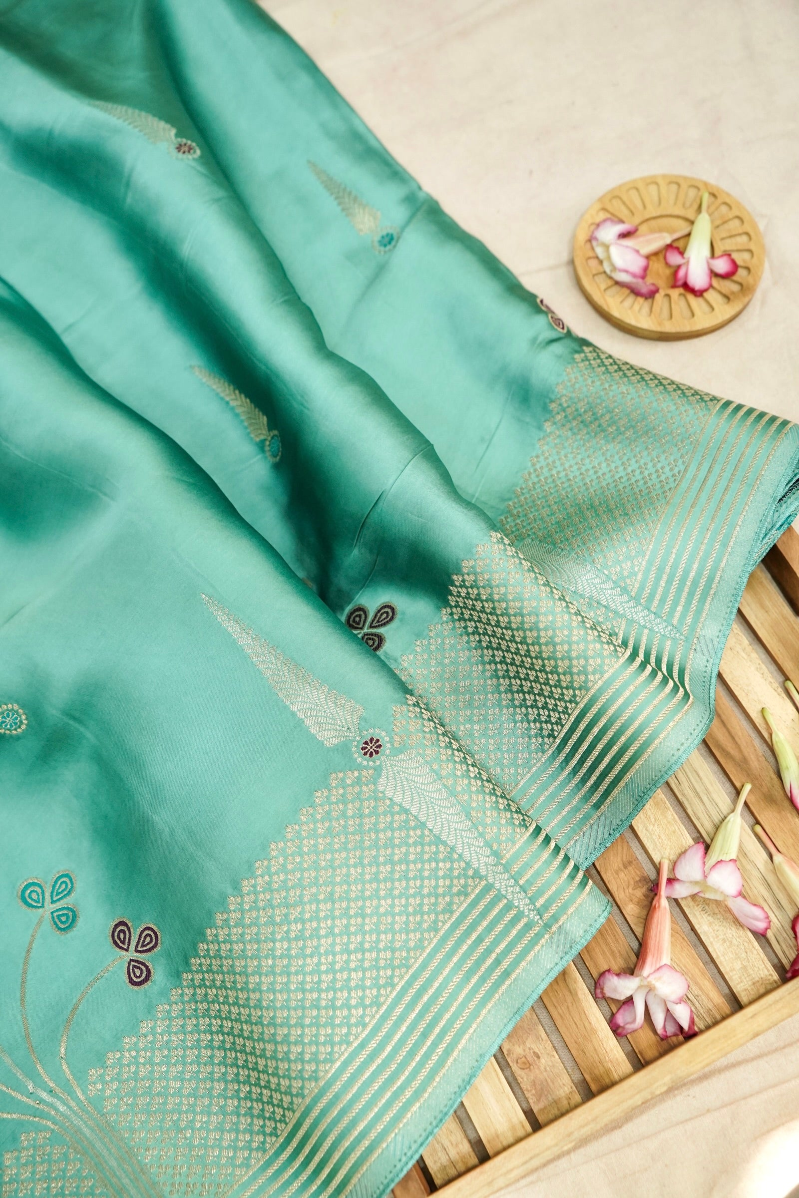 Aqua Mint Blue Mashru Silk Saree with Gold Zari Border
