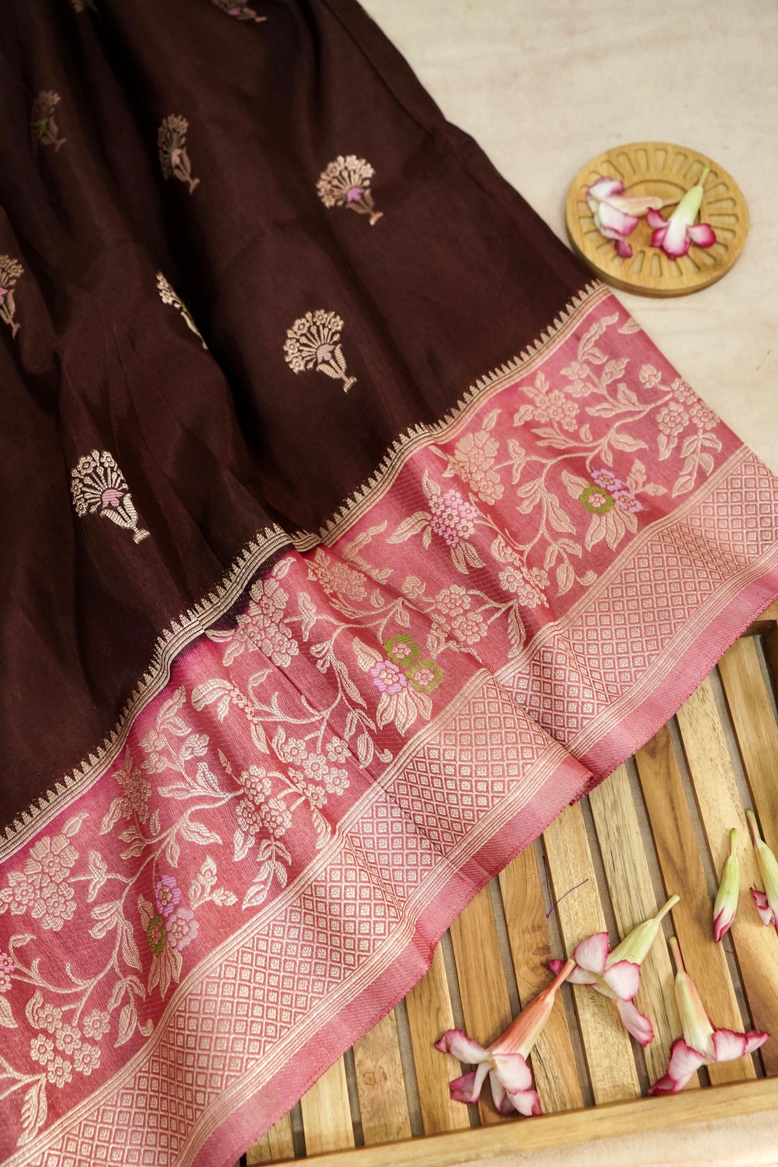 Dark Chocolate Brown Dupion Silk Saree with Blush Pink Floral Zari Border