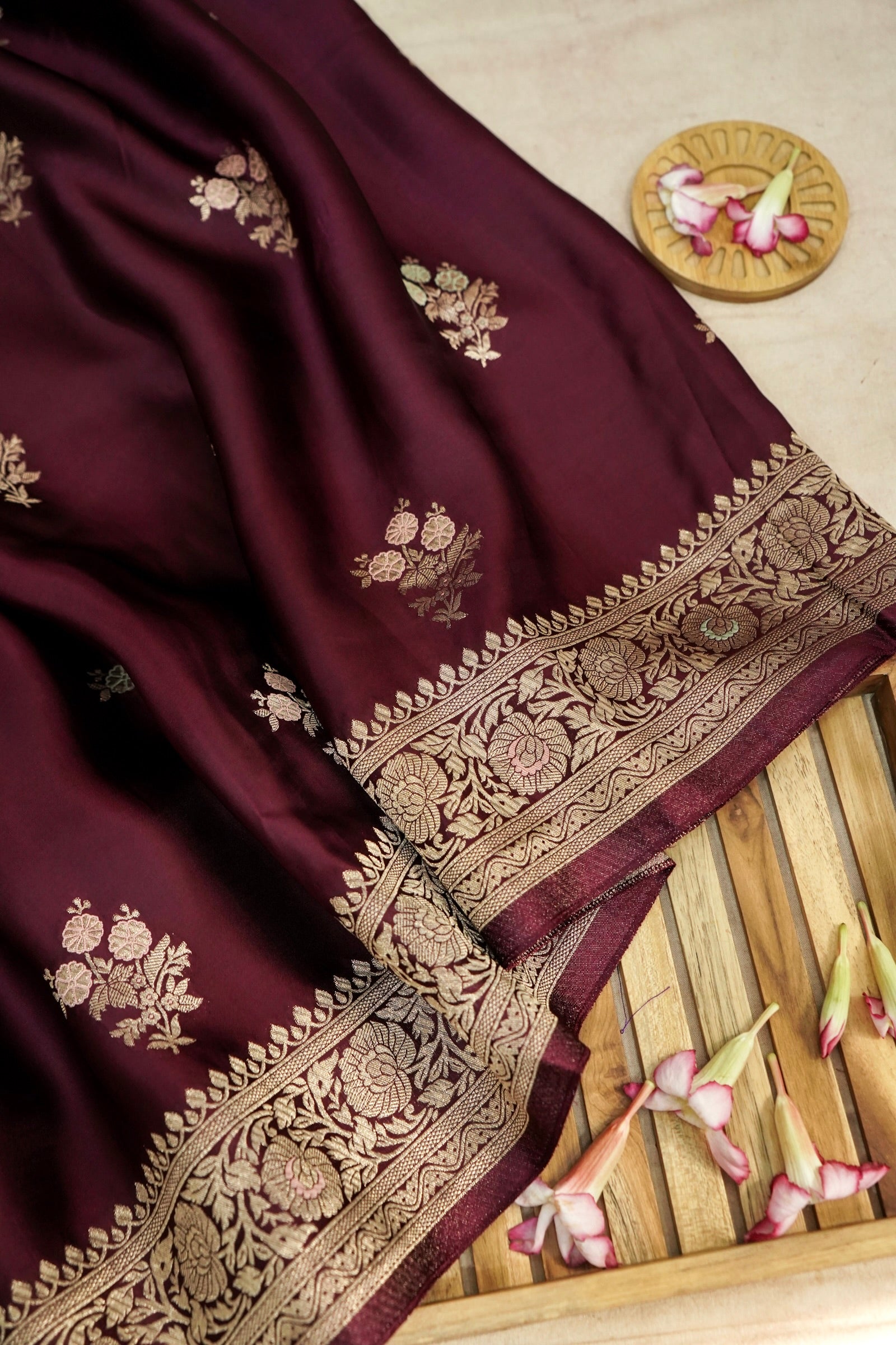 Deep Burgundy Wine Mashru Silk Saree with Gold Zari Floral Border