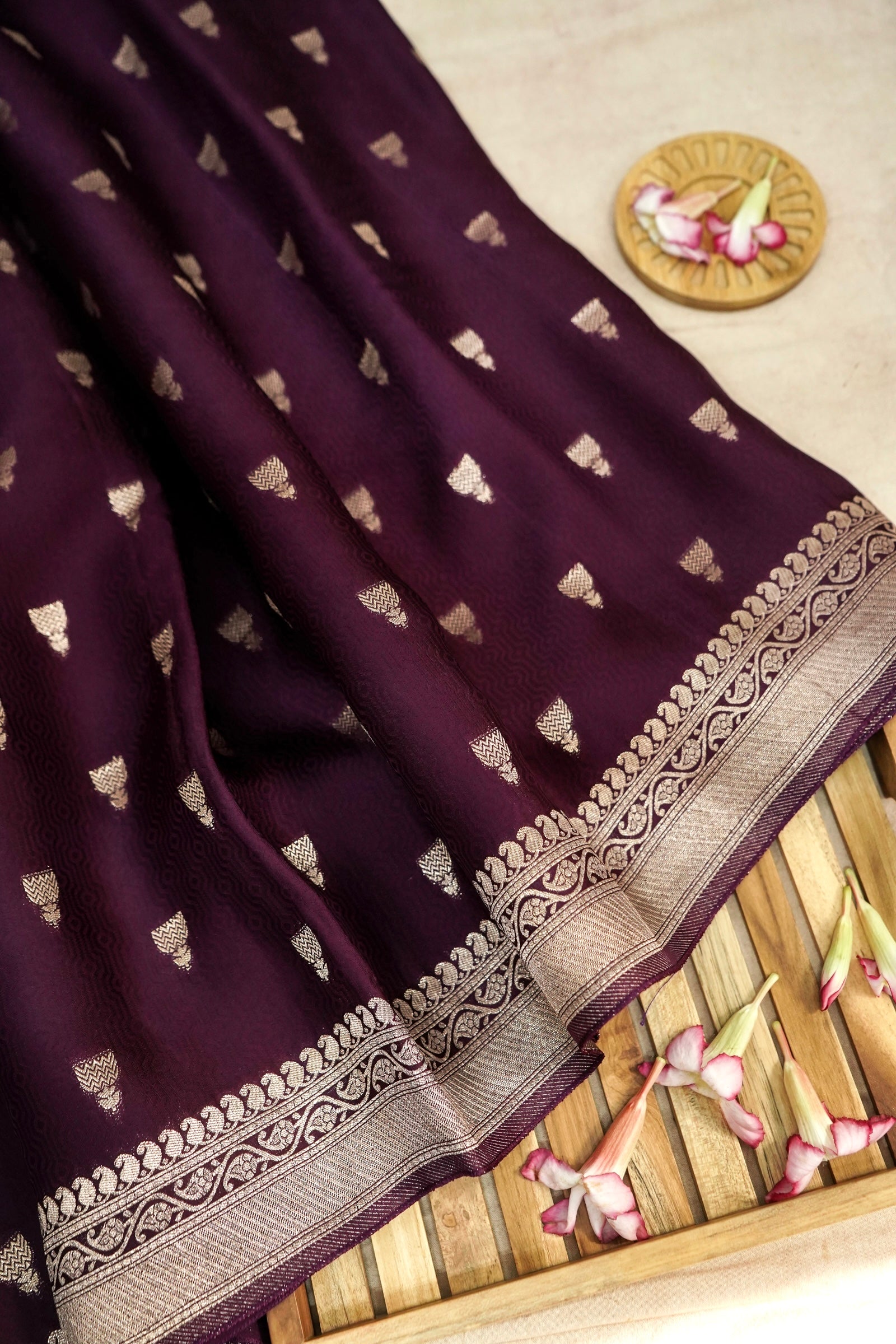 Deep Aubergine Purple Crepe Silk Saree